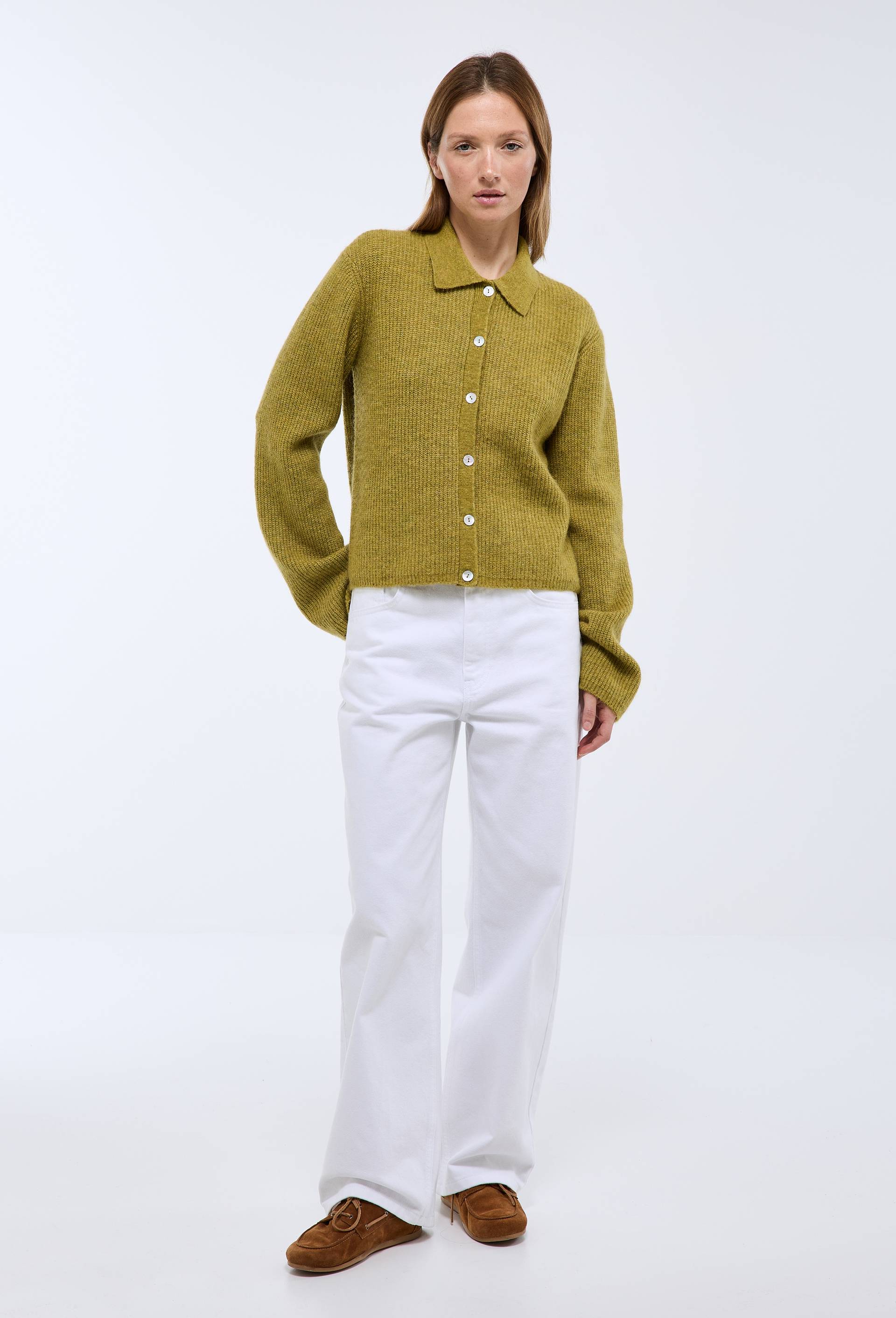 Cardigan col polo contenant de l'alpaga, Vert, large image number 0