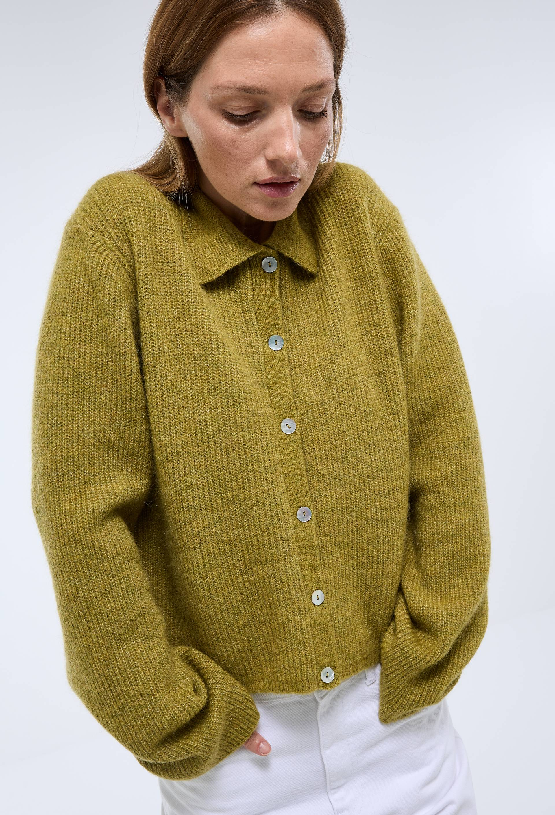Cardigan col polo contenant de l'alpaga, Vert, large image number 1.0