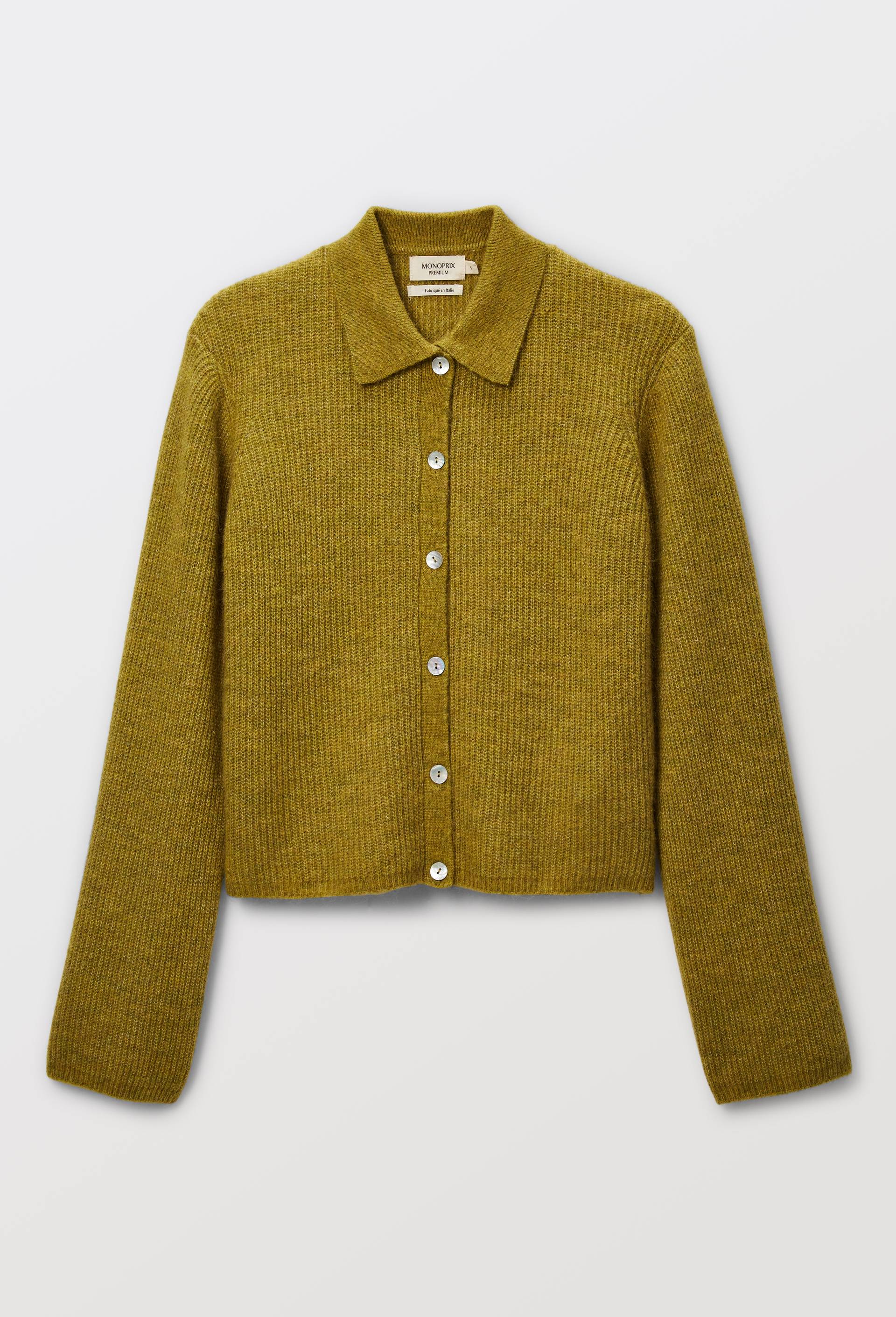 Cardigan col polo contenant de l'alpaga, Vert, large image number 3
