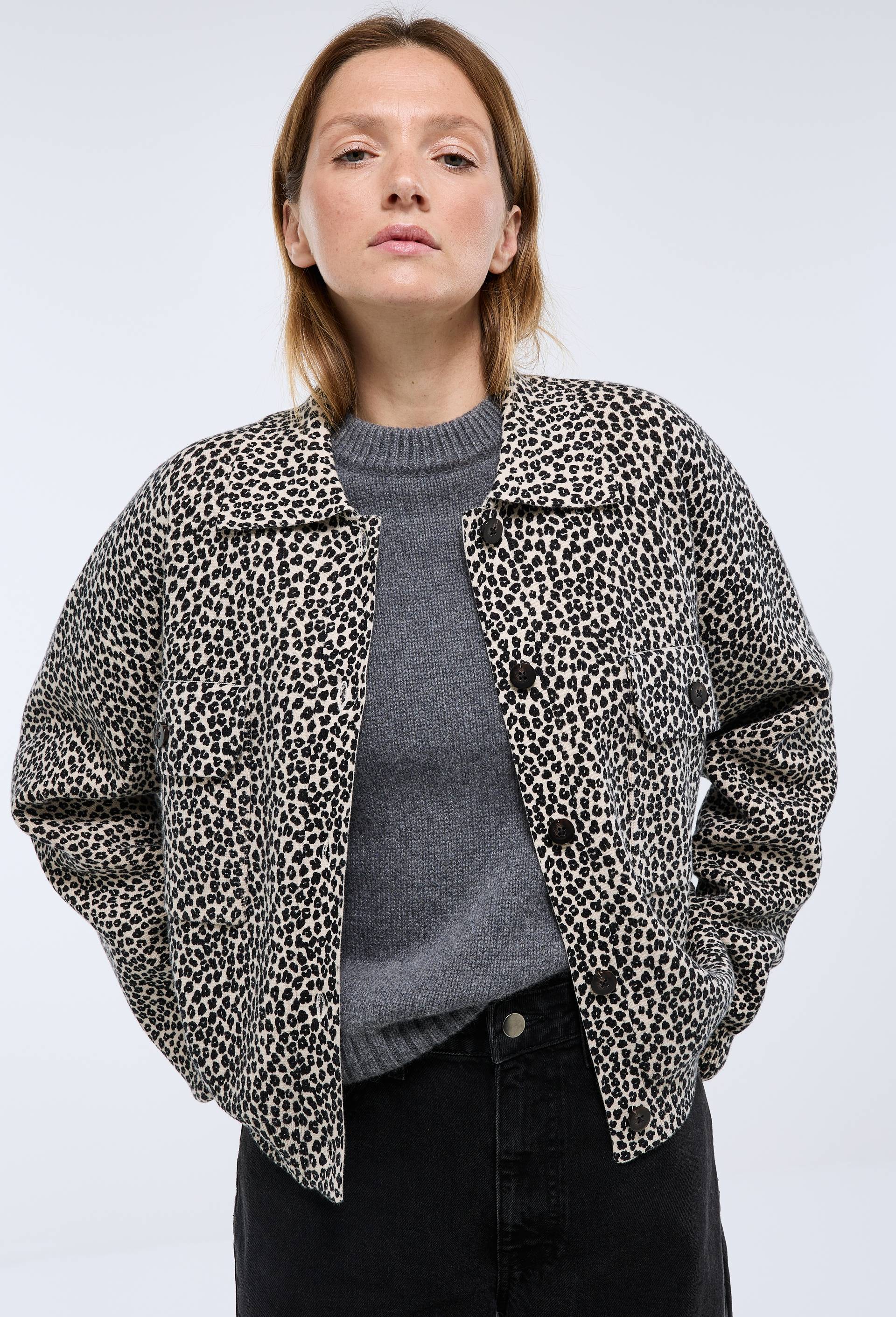 Veste en coton maille milano, imprim&eacute;e l&eacute;opard, Beige clair, large image number 0.0
