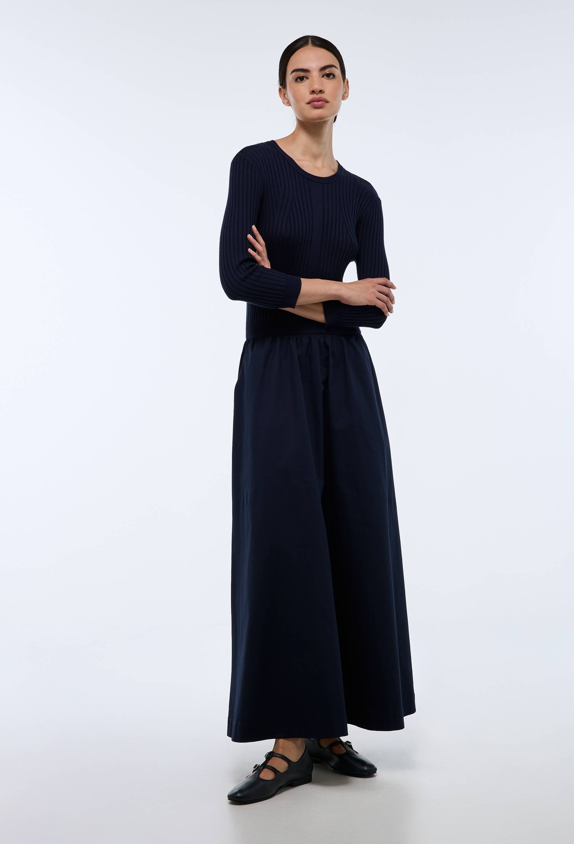 Robe longue bi-mati&egrave;re, Bleu fonc&eacute;, swatch image