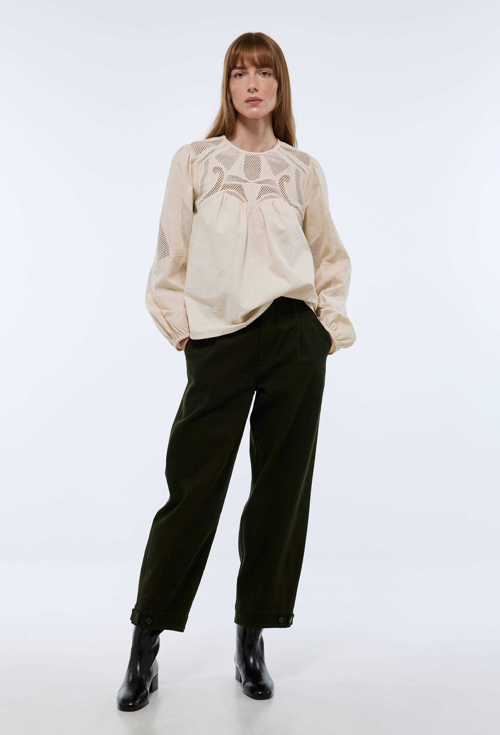 Pantalon barrel en coton, Vert fonc&eacute;, swatch image