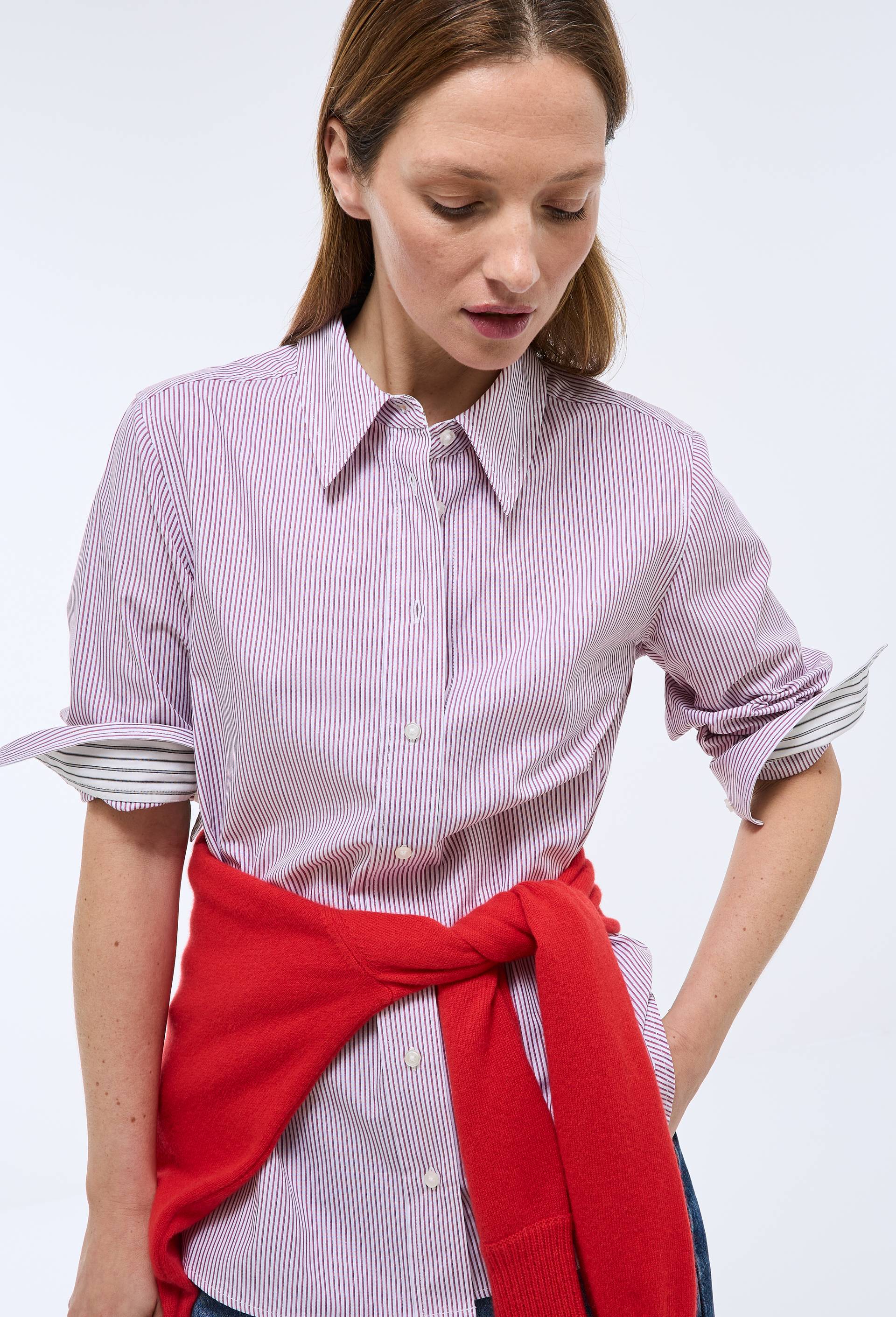 Chemise manches longues ray&eacute;e en coton BIO GOTS, Rouge, large image number 0