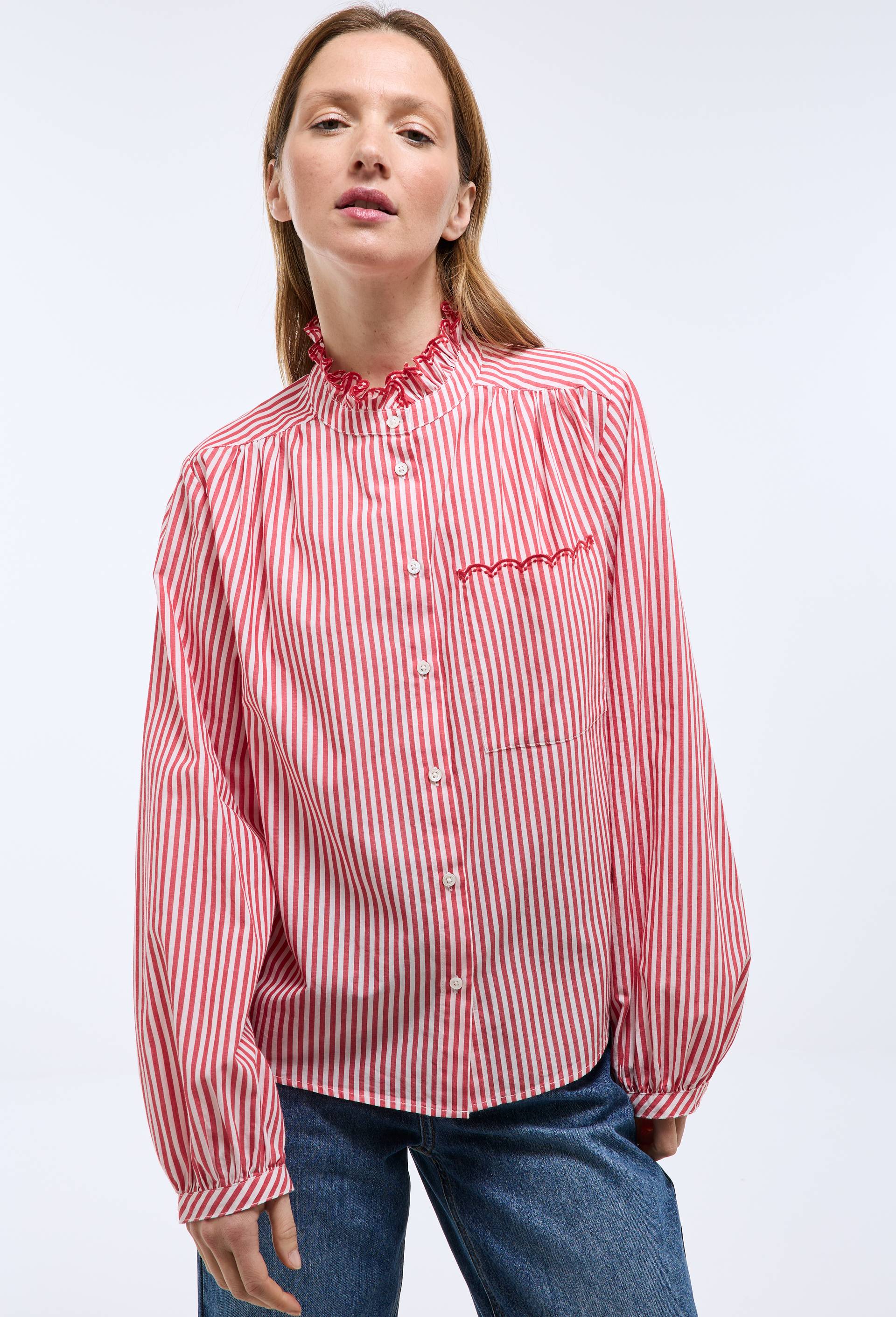 Chemise manches longues ray&eacute;e en coton BIO GOTS, Rouge, large image number 0.0