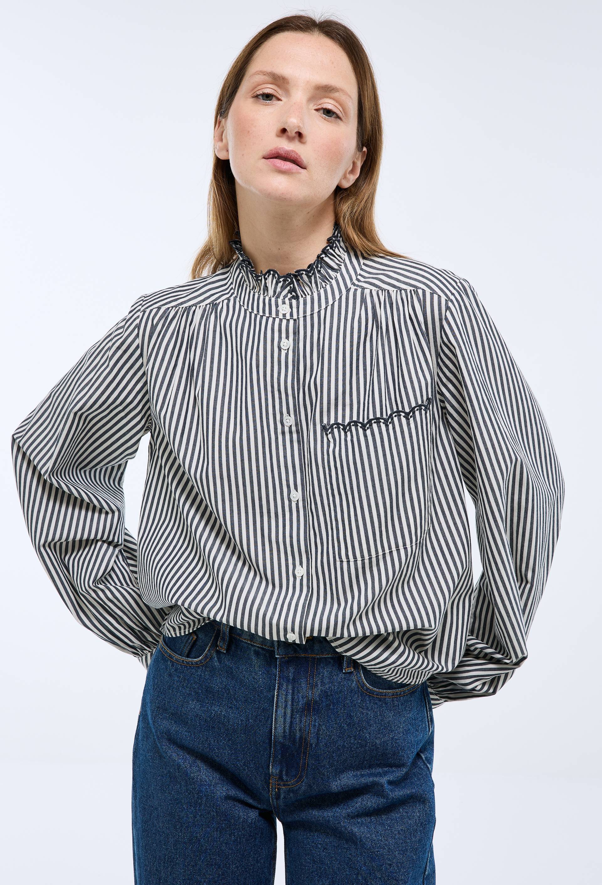 Chemise manches longues ray&eacute;e en coton BIO GOTS, Bleu fonc&eacute;, large image number 0