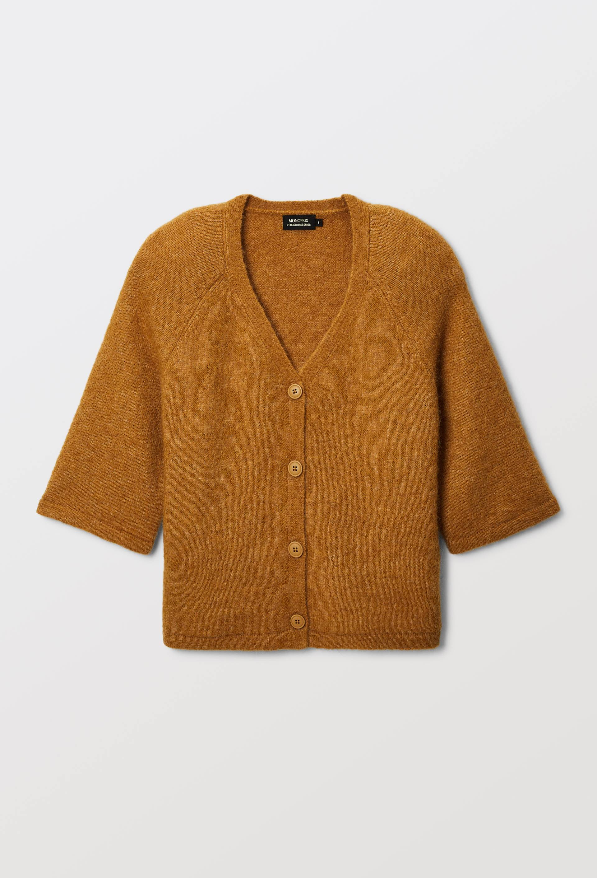 Cardigan manches coudes boutonn&eacute; contenant de l'alpaga, Jaune, large image number 2.0
