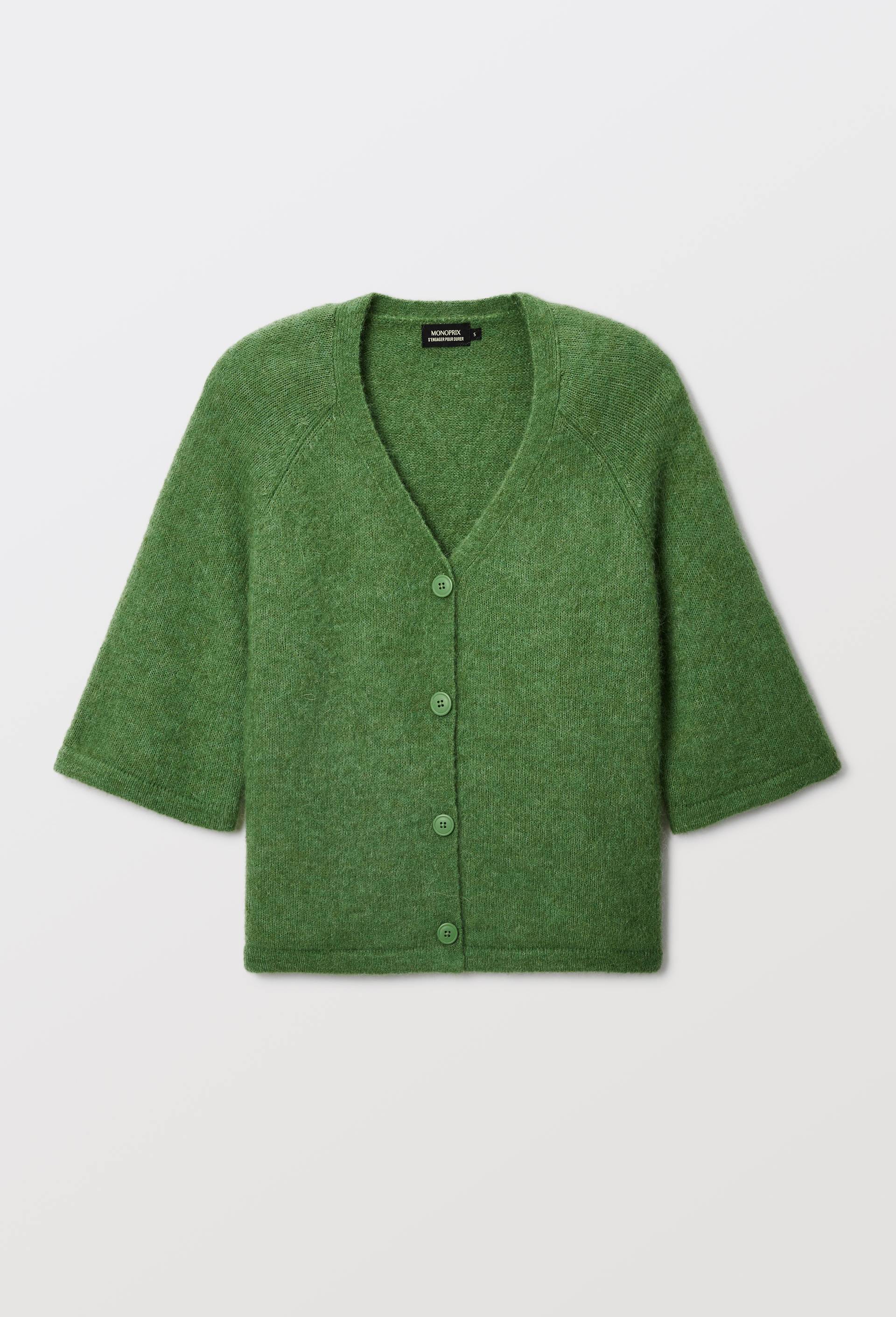 Cardigan manches coudes boutonn&eacute; contenant de l'alpaga, Vert, large image number 2