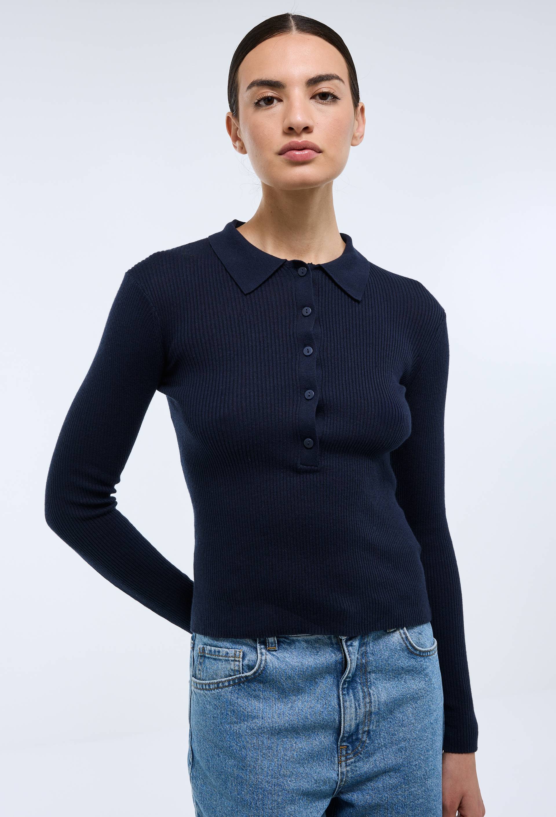 Pull col polo contenant du coton et cachemire, Bleu fonc&eacute;, large image number 0