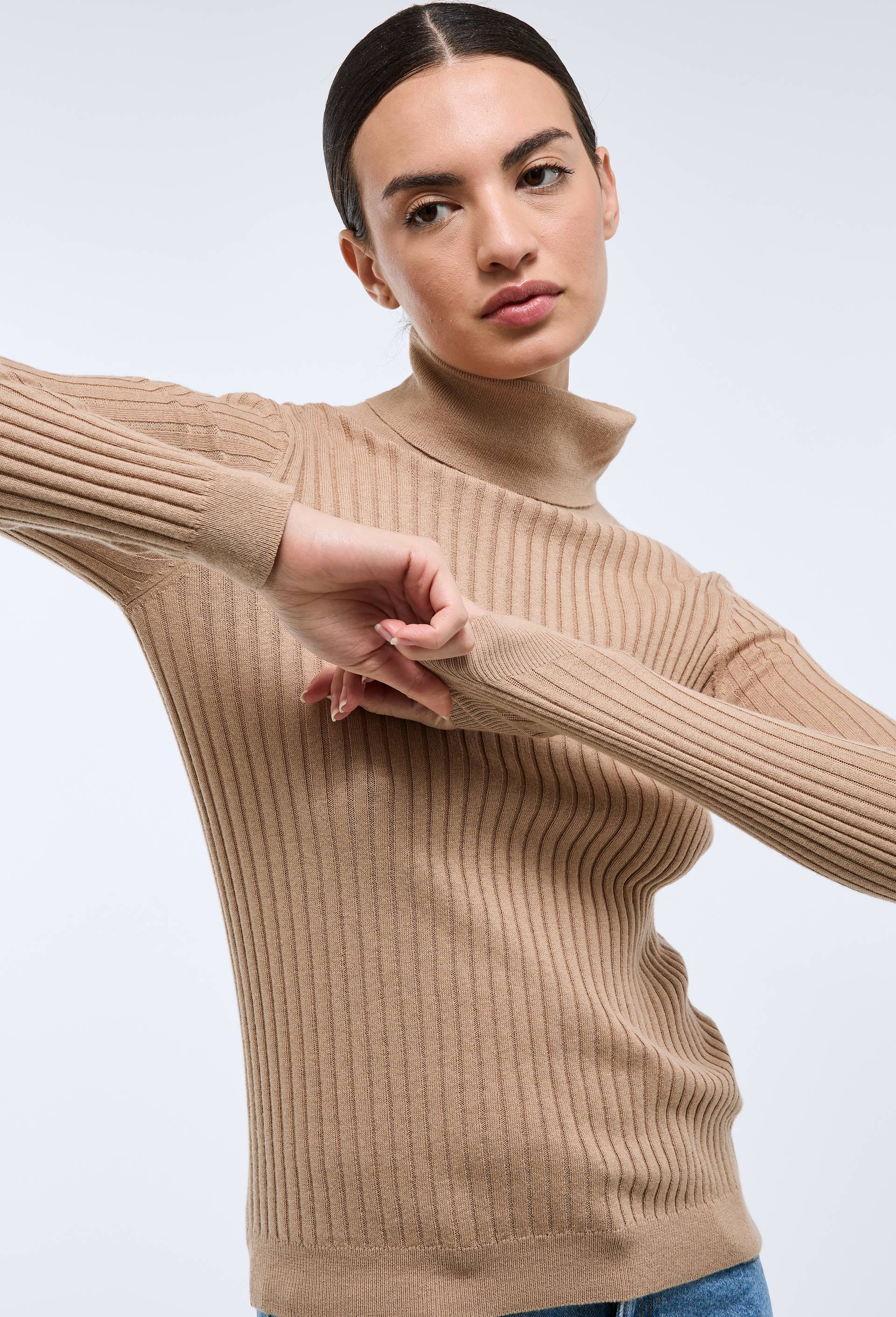 Pull col roulé à côtes uni en coton et cachemire mélangés BEIGE pour femme MONOPRIX