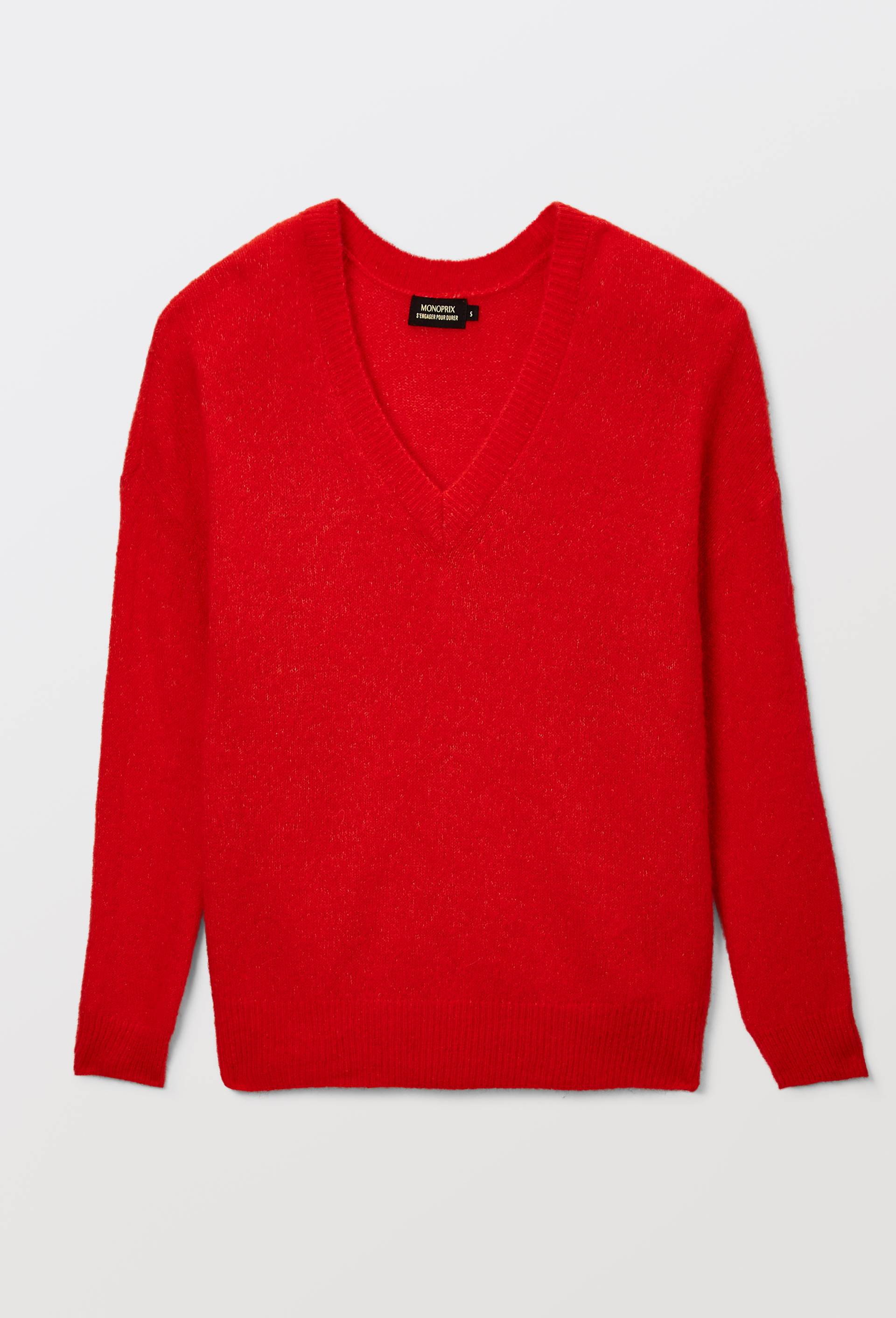 Pull col V uni contenant de l'alpaga, Rouge, large image number 2