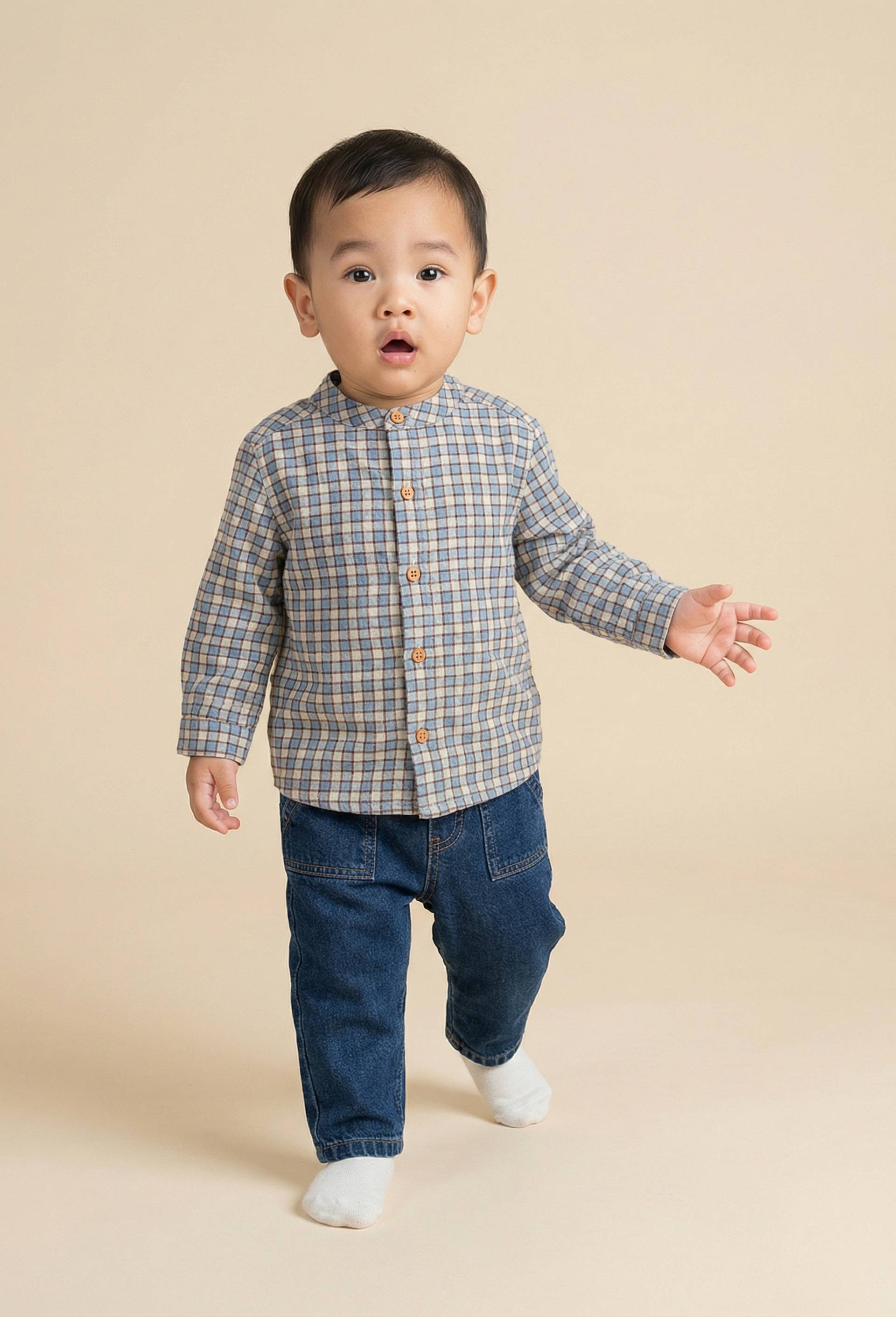 Chemise col mao &agrave; carreaux en coton, Bleu, large image number 0