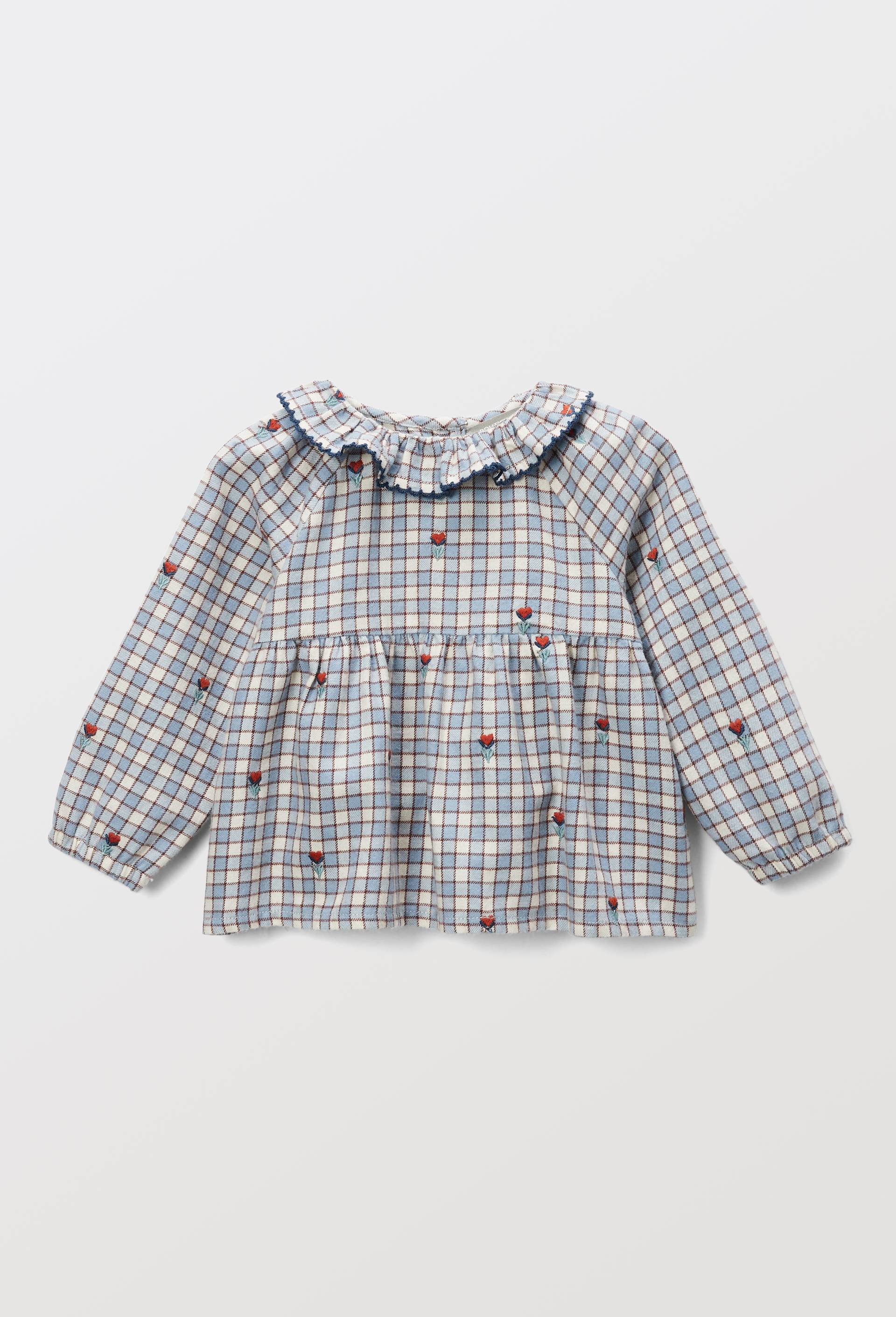Blouse &agrave; col &agrave; carreaux imprim&eacute;e en coton, Bleu, large image number 1