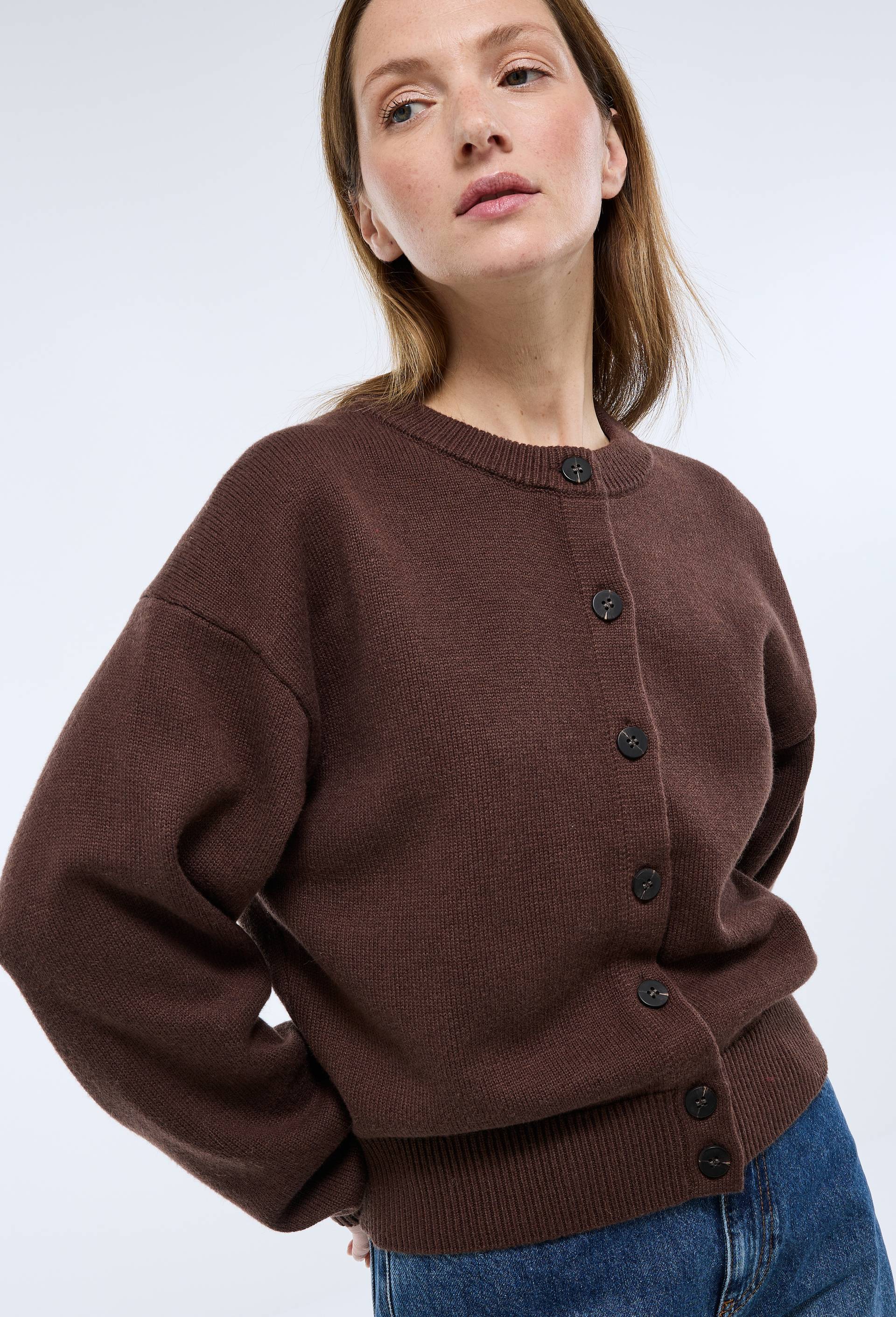 Cardigan manches longues contenant de la laine et du coton, Brun fonc&eacute;, large image number 0.0