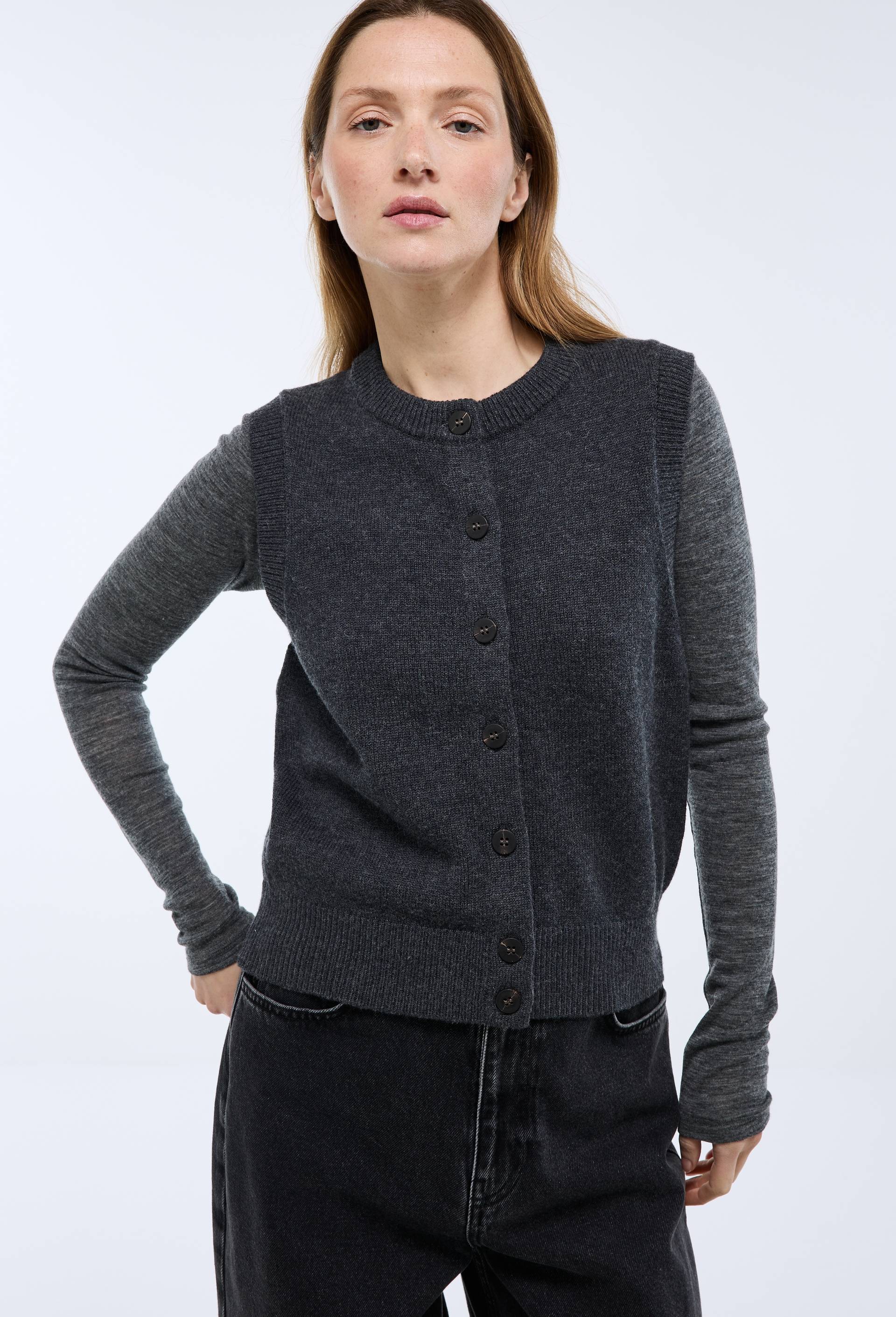 Cardigan sans manches contenant de la laine et du coton, Gris fonc&eacute;, large image number 0.0