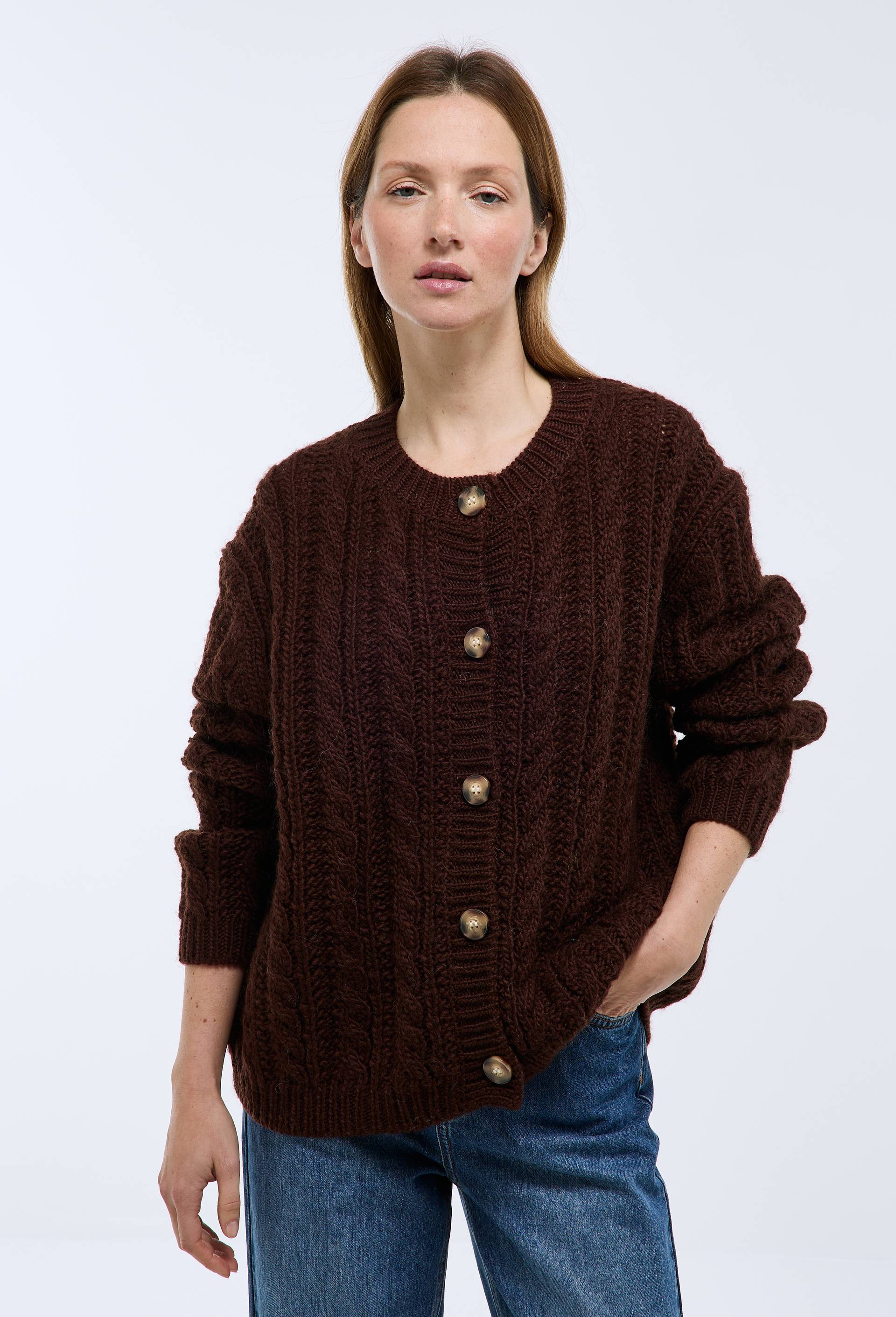 Cardigan avec torsades en laine, Brun fonc&eacute;, large image number 0