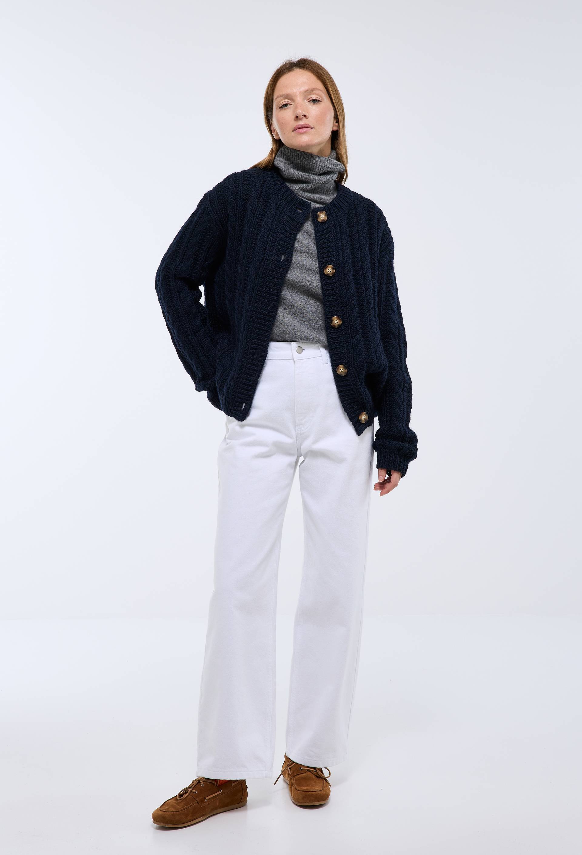 Cardigan avec torsades en laine, Bleu fonc&eacute;, large image number 1