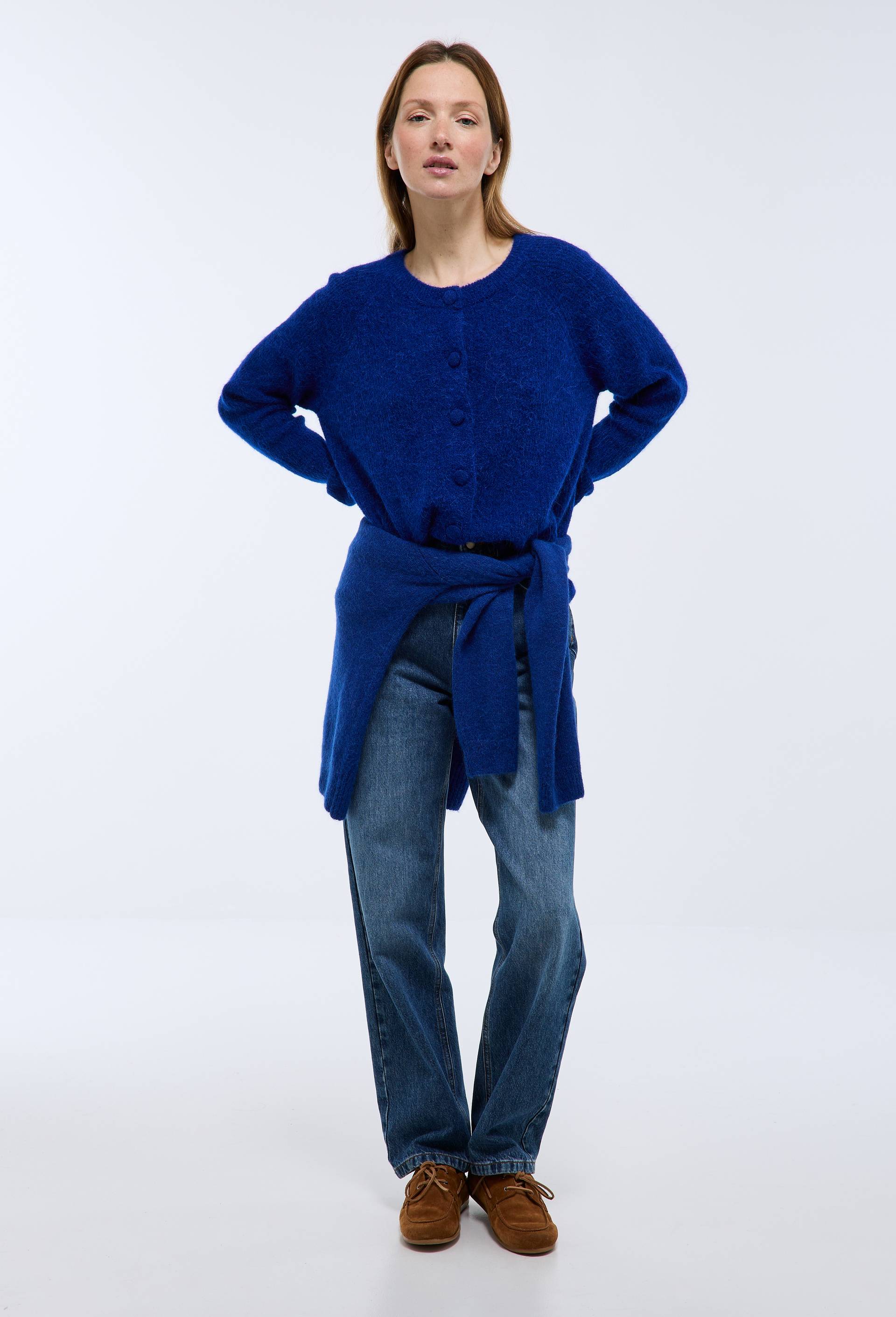 Cardigan en c&ocirc;te perl&eacute;e contenant de l'alpaga, Bleu, swatch image