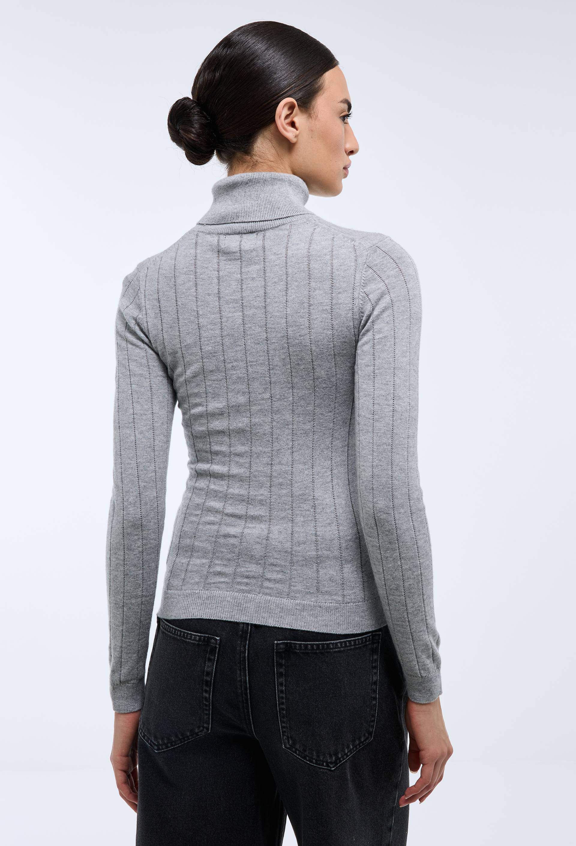 Pull col roul&eacute; &agrave; c&ocirc;tes uni en coton et laine, Gris, large image number 1