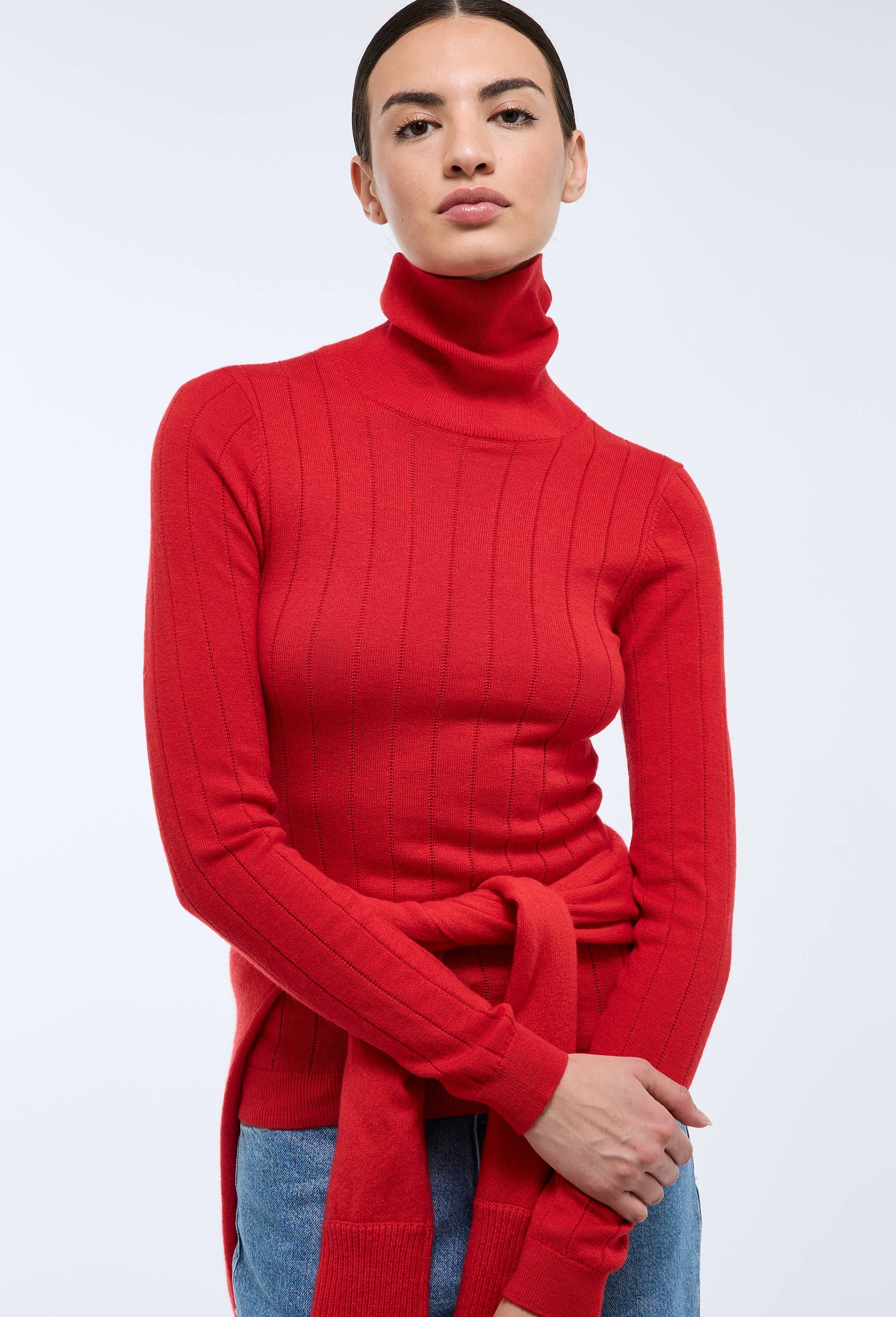 Pull col roul&eacute; &agrave; c&ocirc;tes uni en coton et laine, Rouge, swatch image