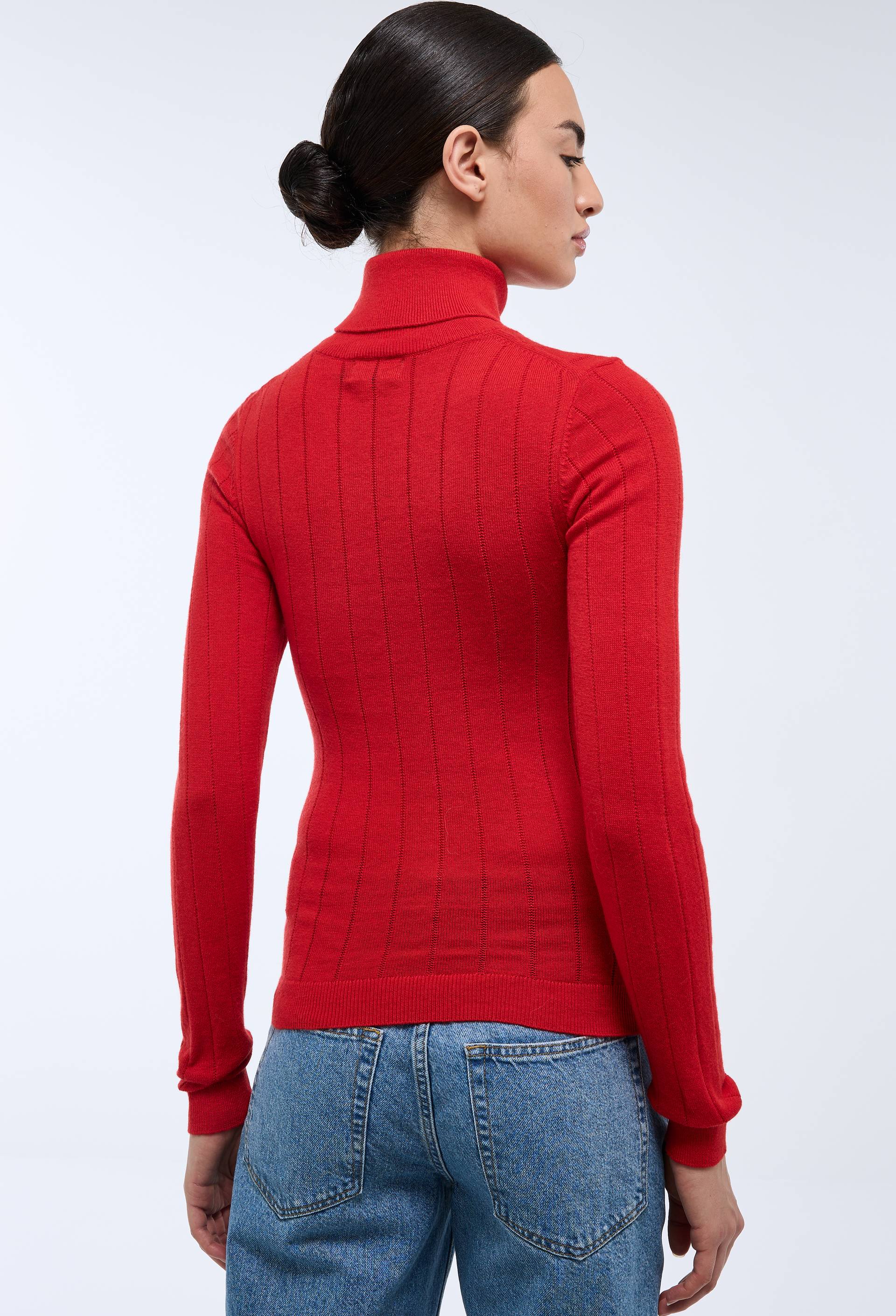 Pull col roul&eacute; &agrave; c&ocirc;tes uni en coton et laine, Rouge, large image number 1.0