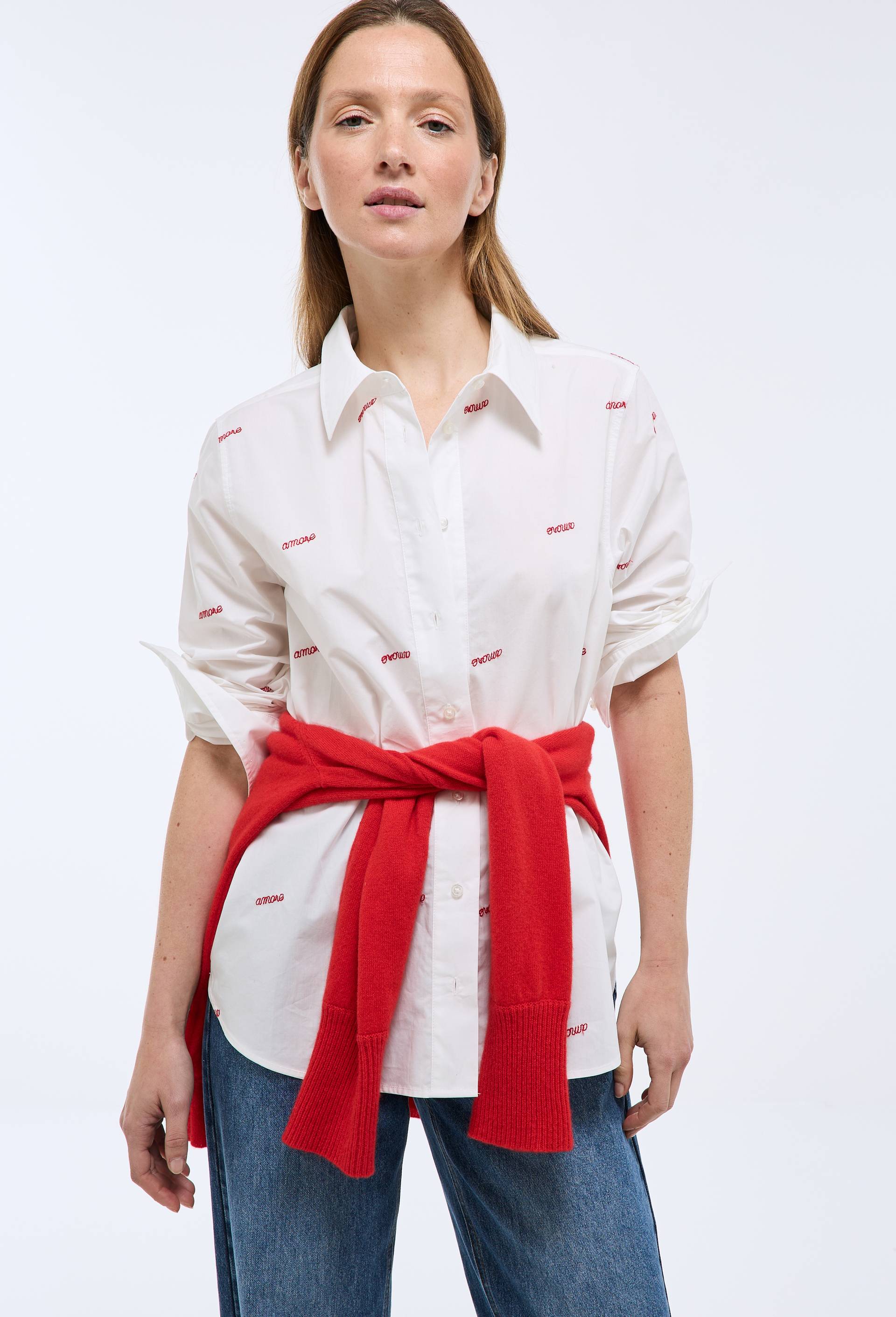 Chemise manches longues brod&eacute;e en coton, Blanc, large image number 0