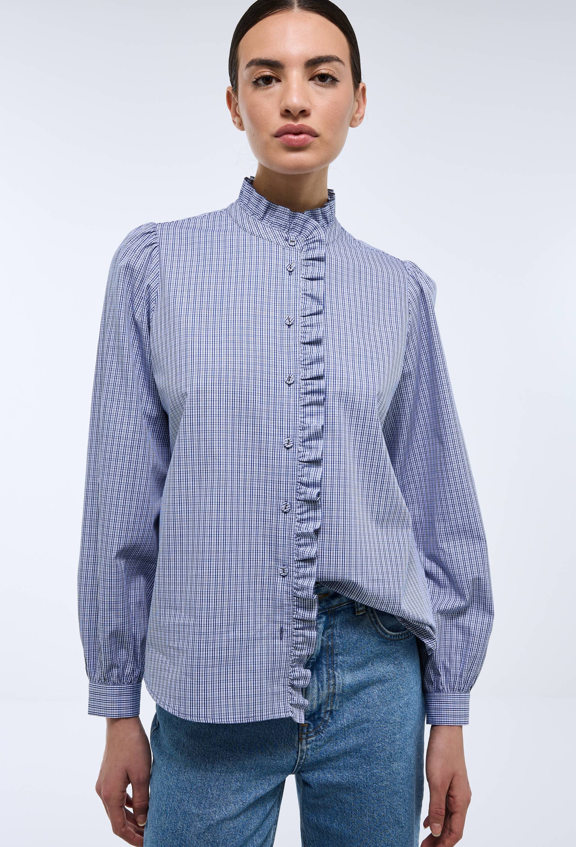 Blouse manches longues avec col montant en coton BIO GOTS, Bleu, large image number 0
