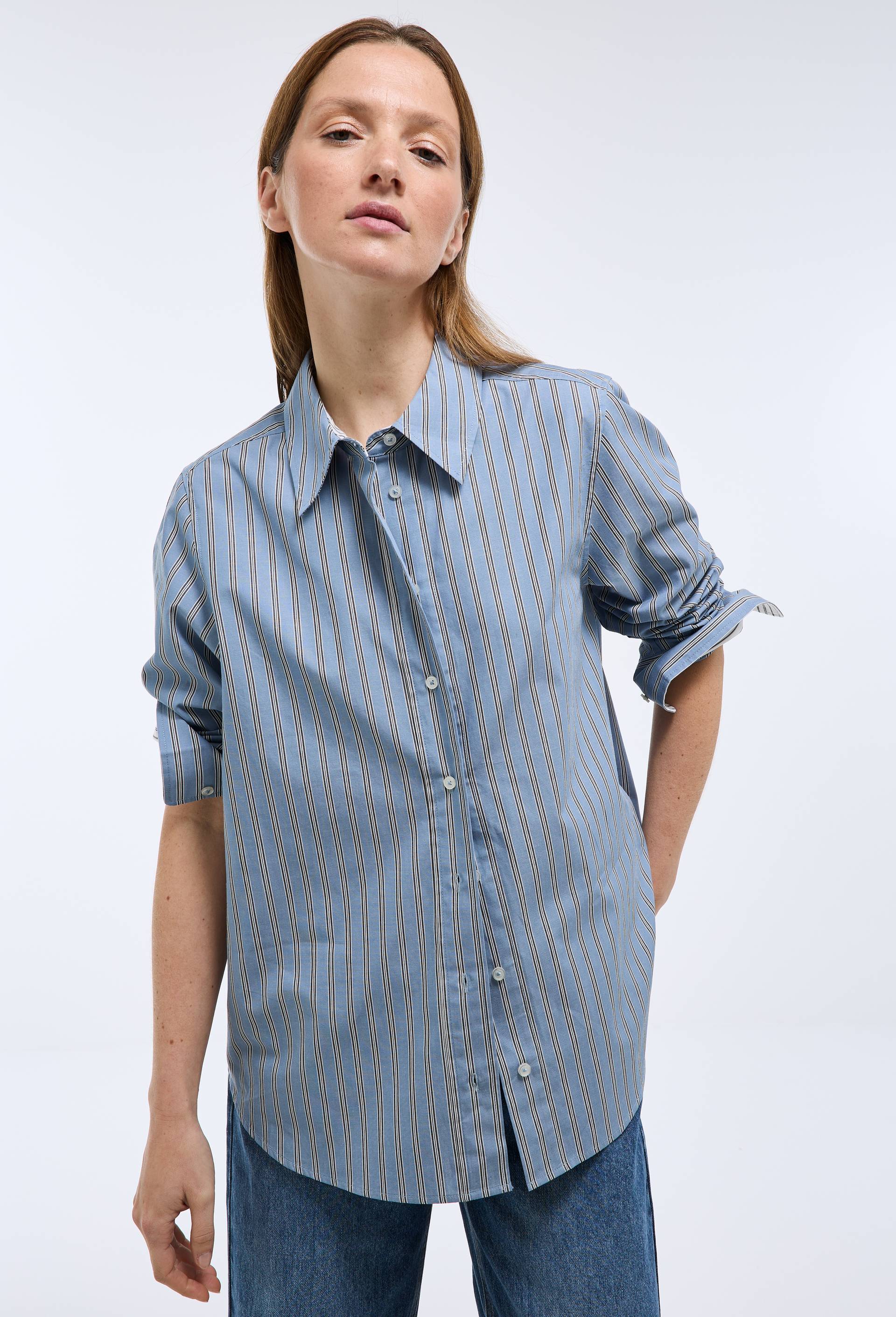 Chemise manches longues ray&eacute;e en coton BIO GOTS, Bleu, large image number 0