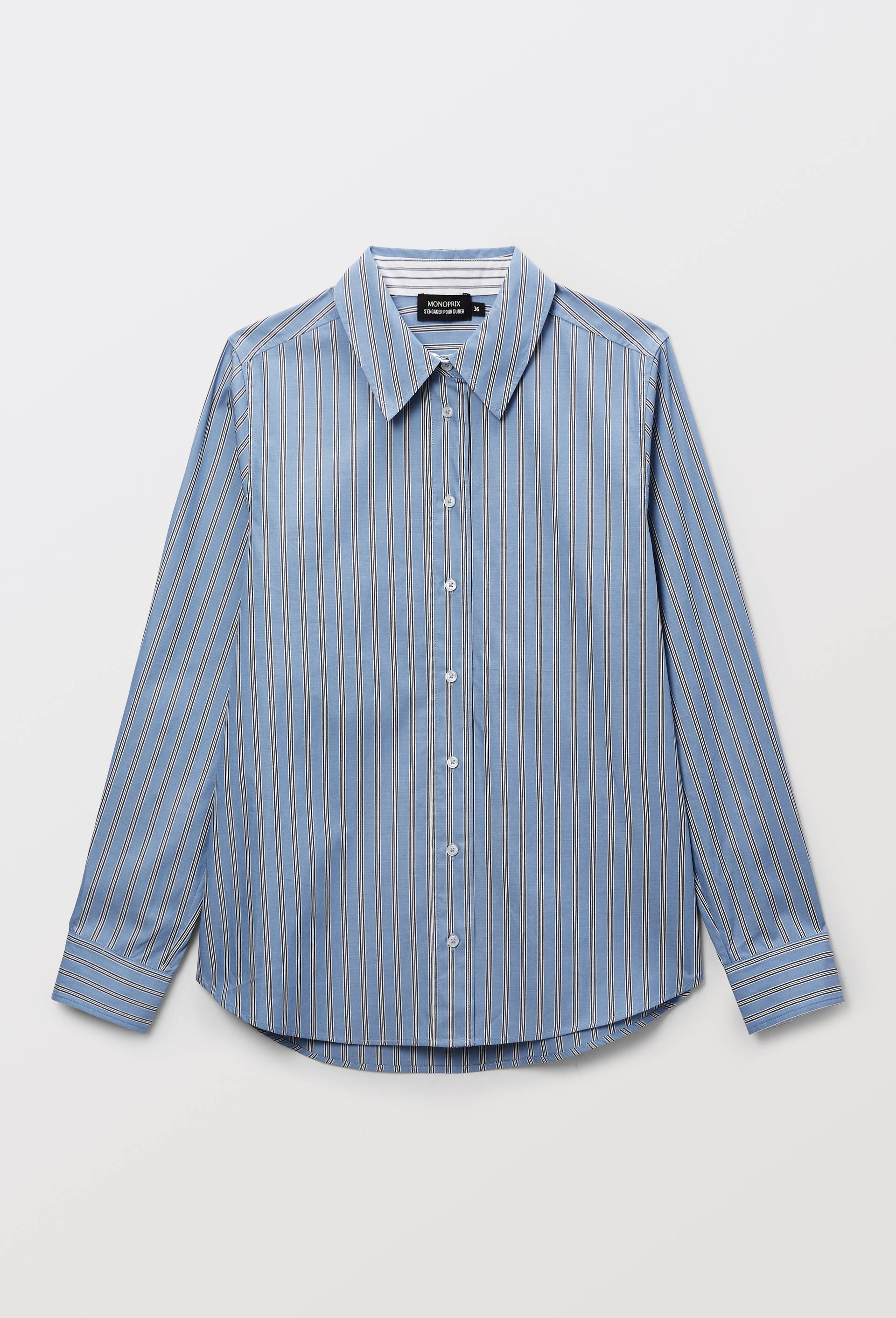 Chemise manches longues ray&eacute;e en coton BIO GOTS, Bleu, large image number 2.0