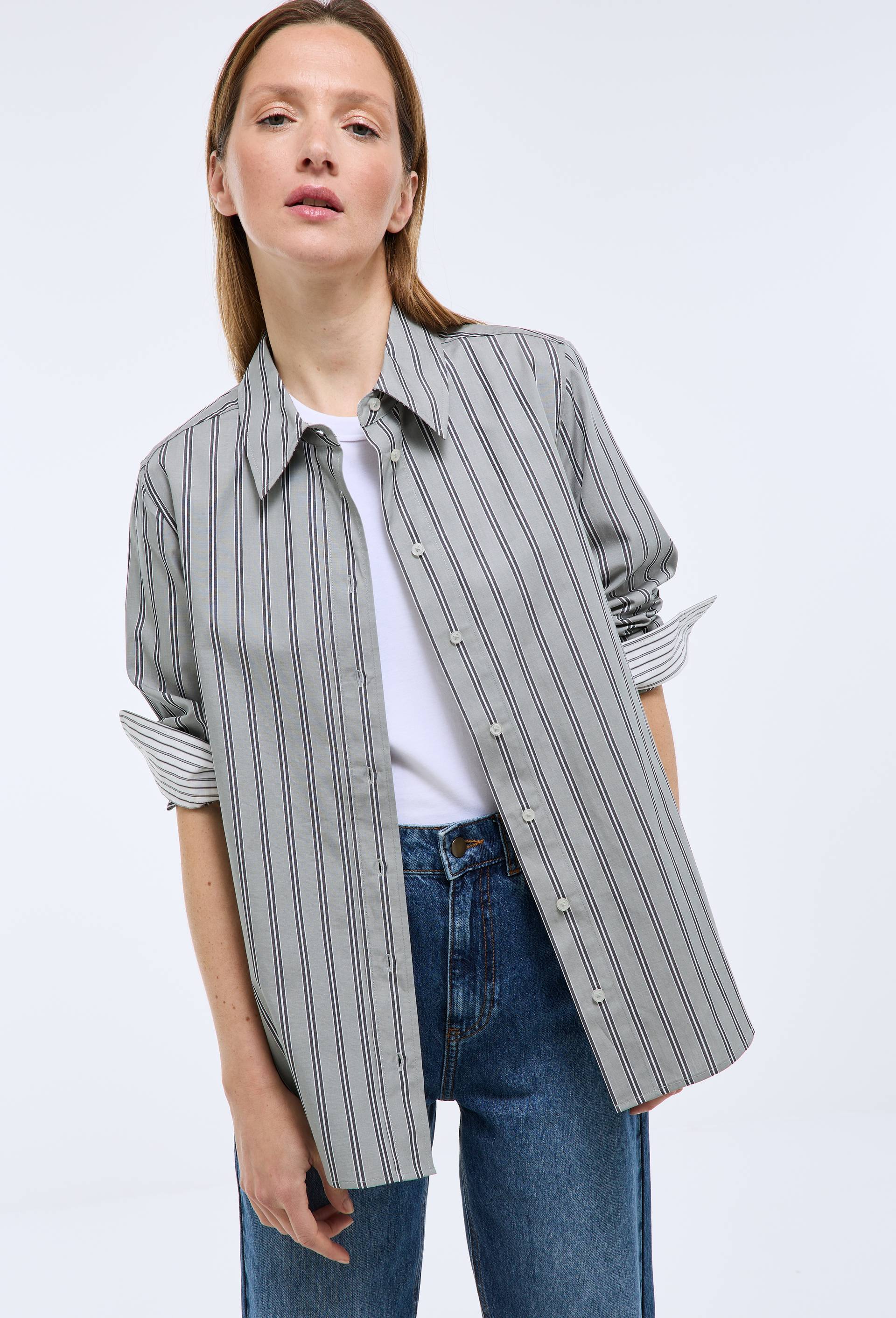 Chemise manches longues ray&eacute;e en coton BIO GOTS, Vert clair, large image number 1.0