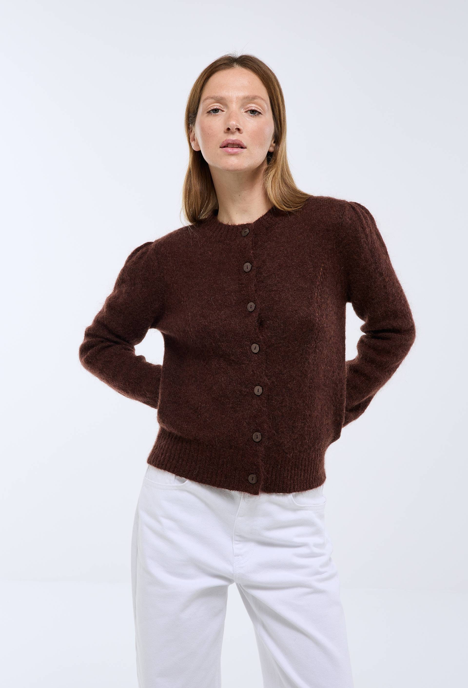 Cardigan manches coudes contenant du mohair, Brun, large image number 0
