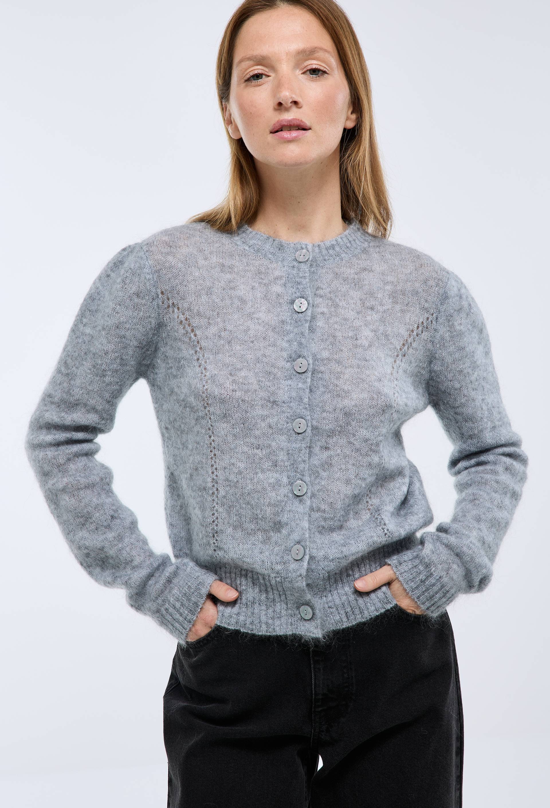 Cardigan manches coudes contenant du mohair, Gris, swatch image