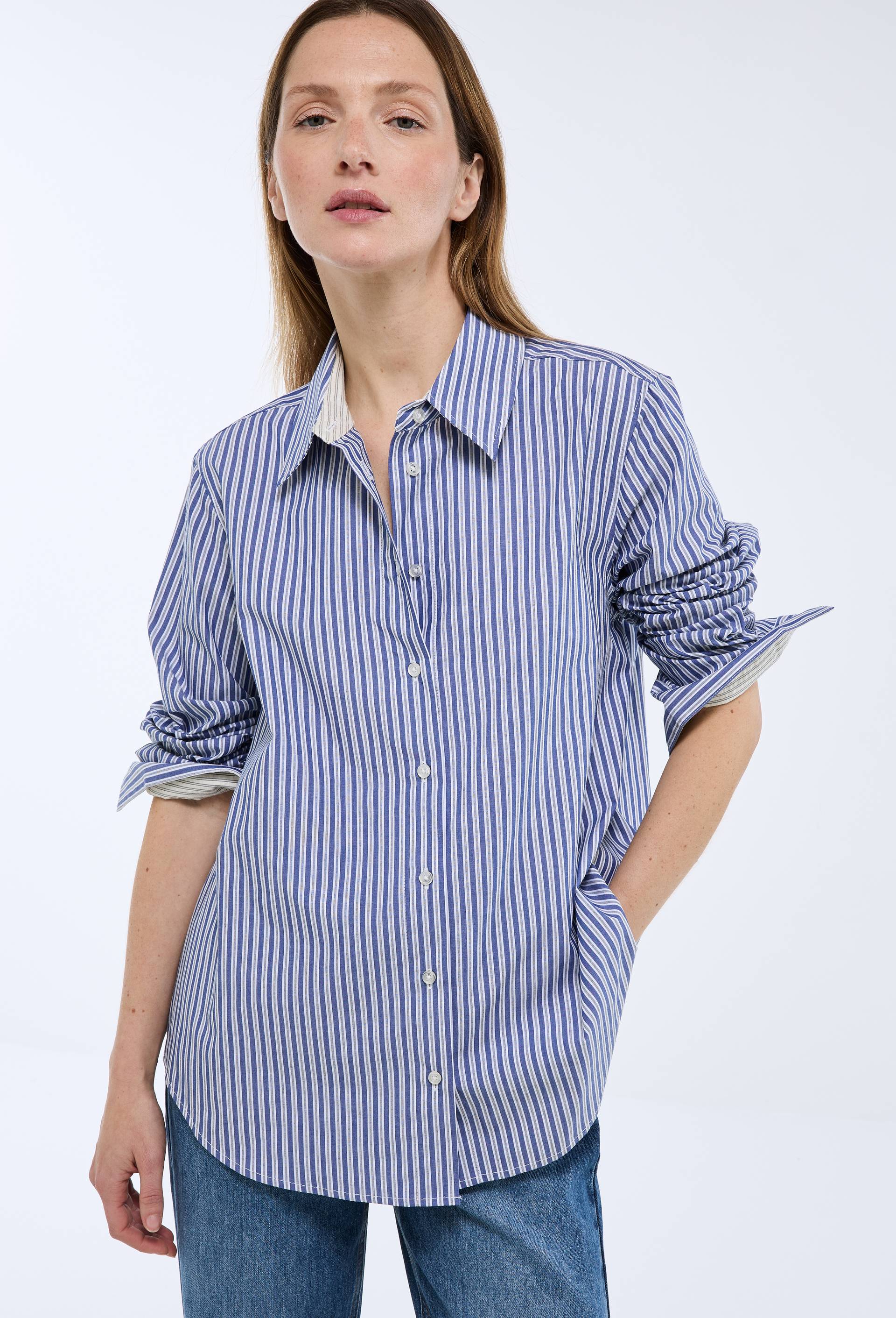 Chemise manches longues ray&eacute;e en coton BIO GOTS, Bleu, large image number 0.0