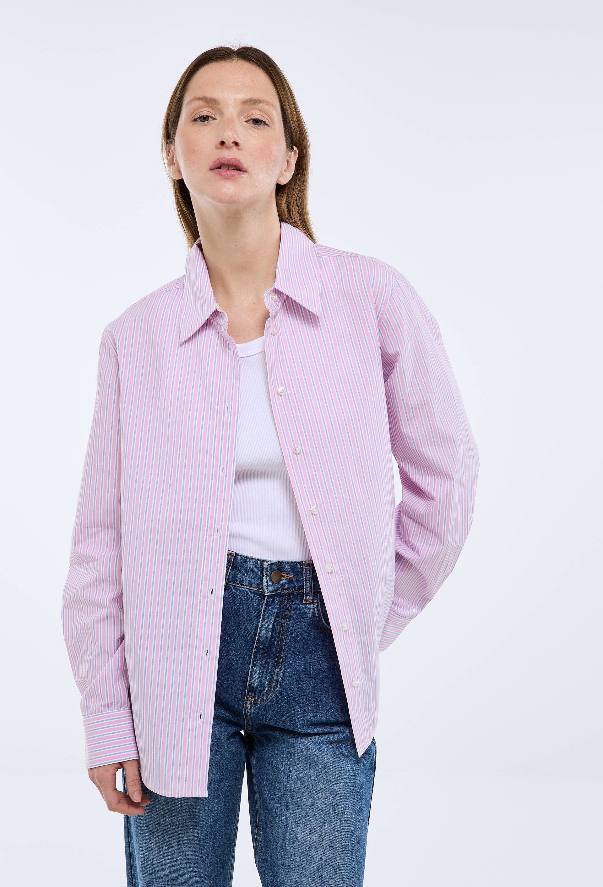 Chemise manches longues ray&eacute;e en coton BIO GOTS, Rose, swatch image