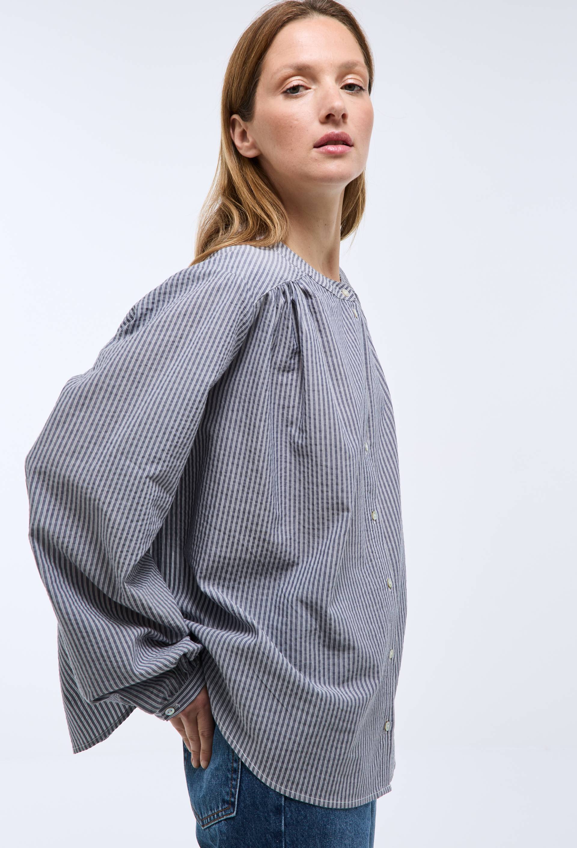 Blouse manches longues ray&eacute;e en coton BIO GOTS, Bleu fonc&eacute;, large image number 0