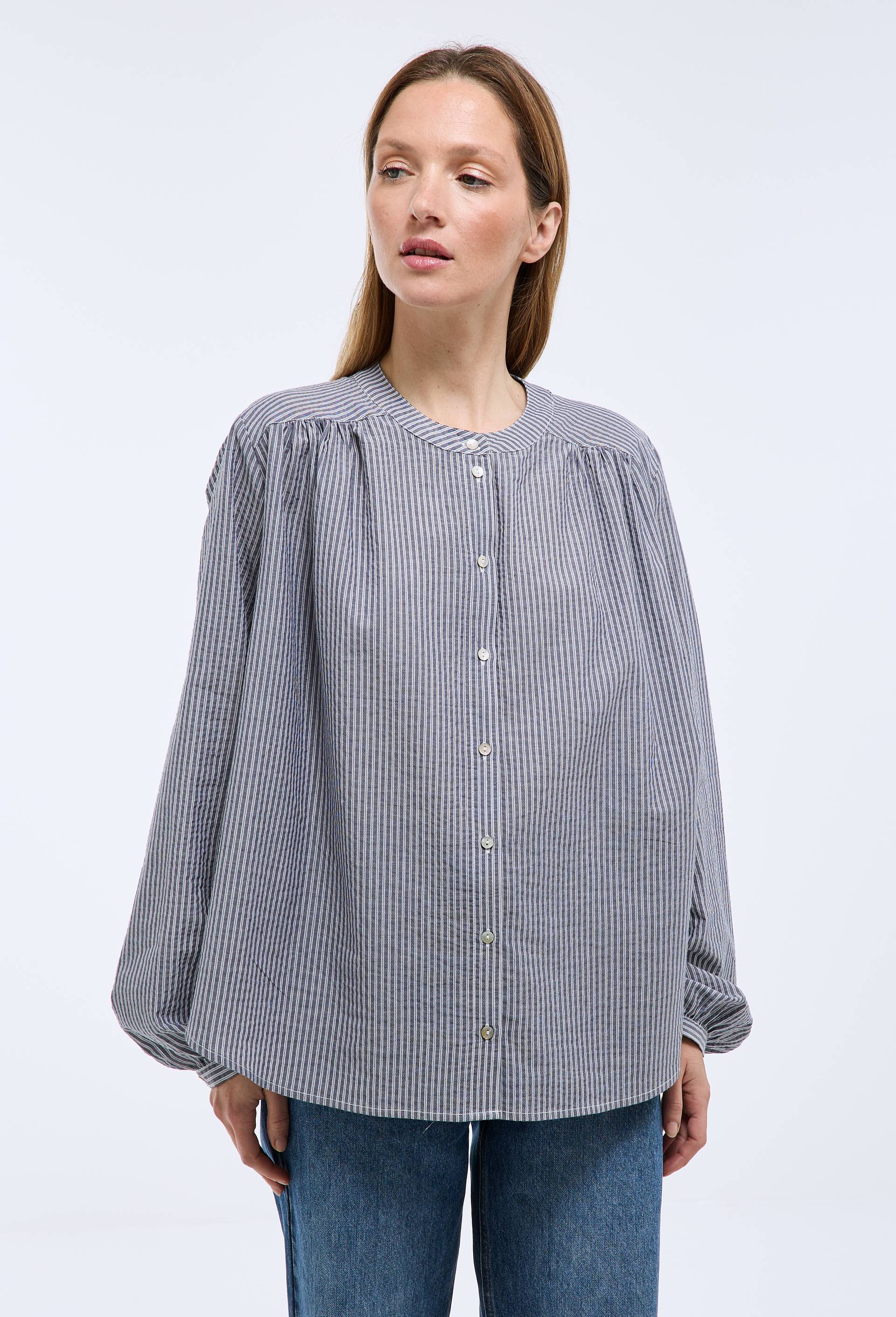 Blouse manches longues ray&eacute;e en coton BIO GOTS, Bleu fonc&eacute;, large image number 1