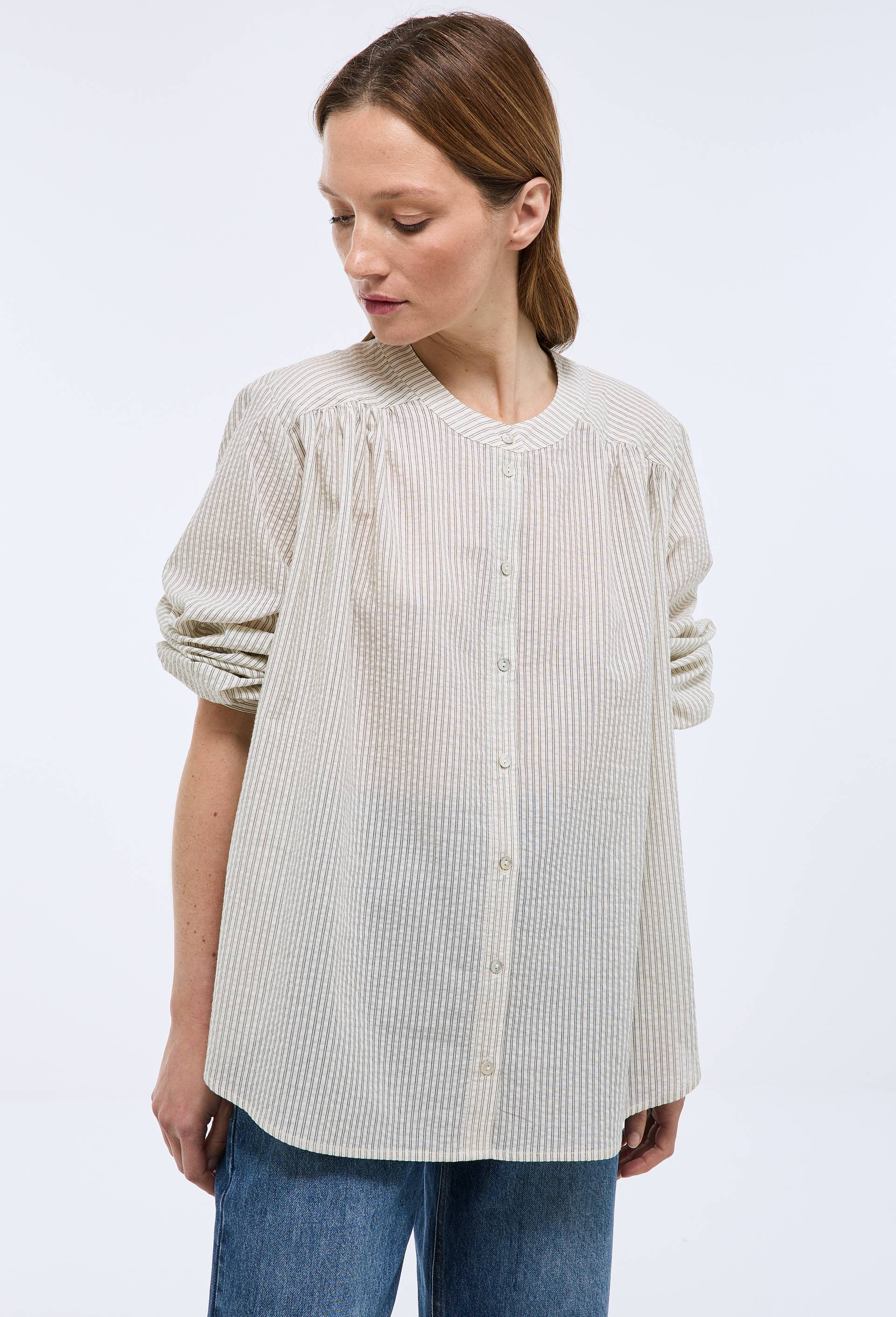 Blouse manches longues ray&eacute;e en coton BIO GOTS, Gris fonc&eacute;, swatch image