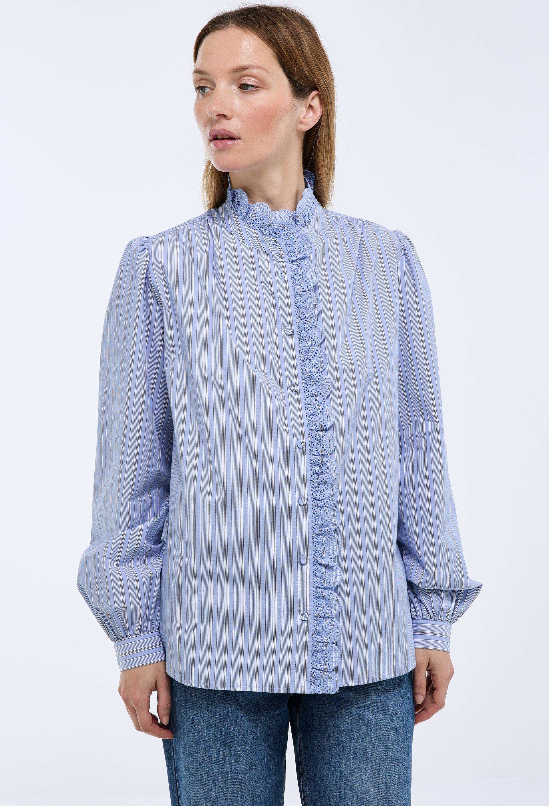 Blouse manches longues ray&eacute;e en coton, Bleu, large image number 0