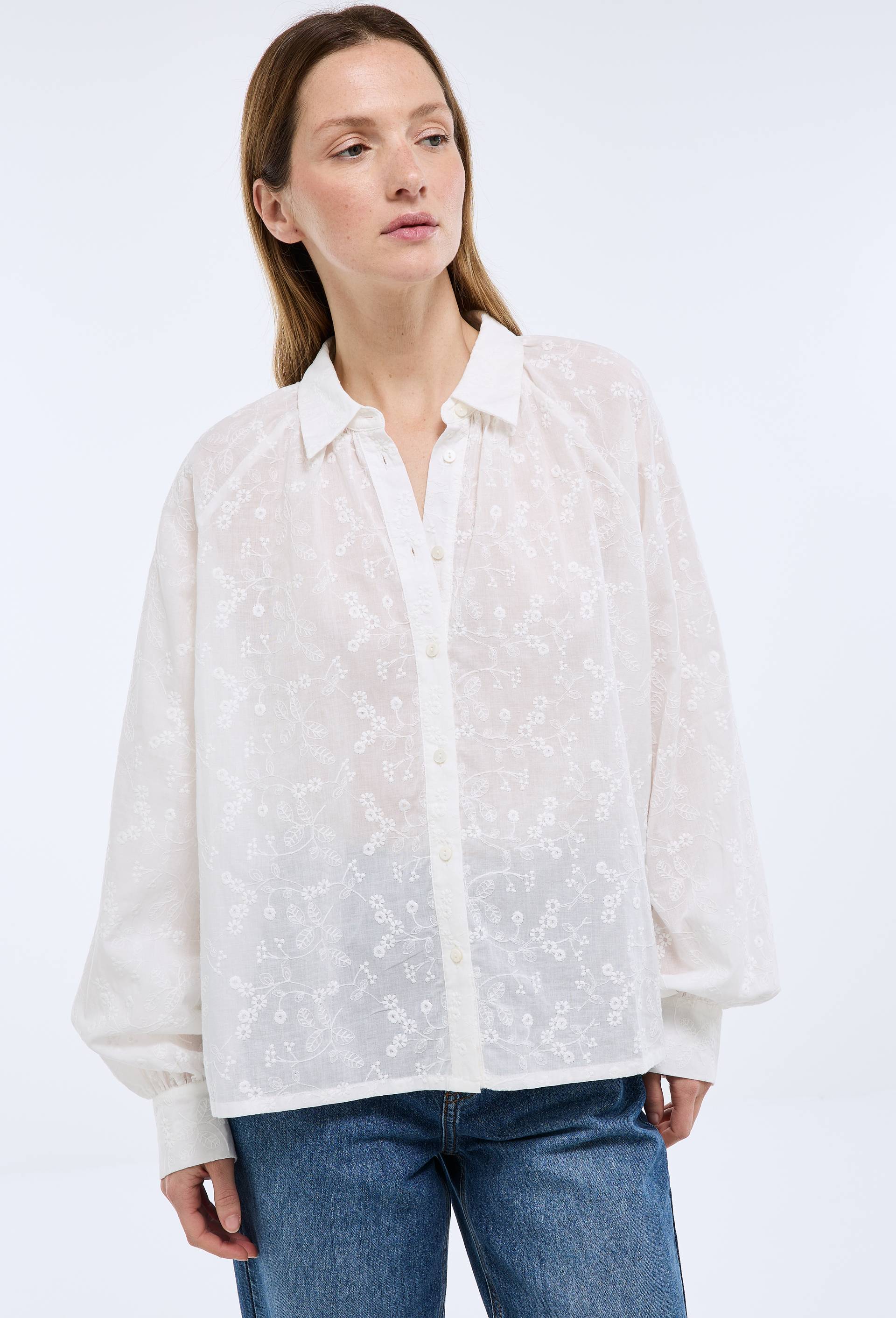 Chemise manches longues brod&eacute;e en coton BIO GOTS, Ecru, large image number 0