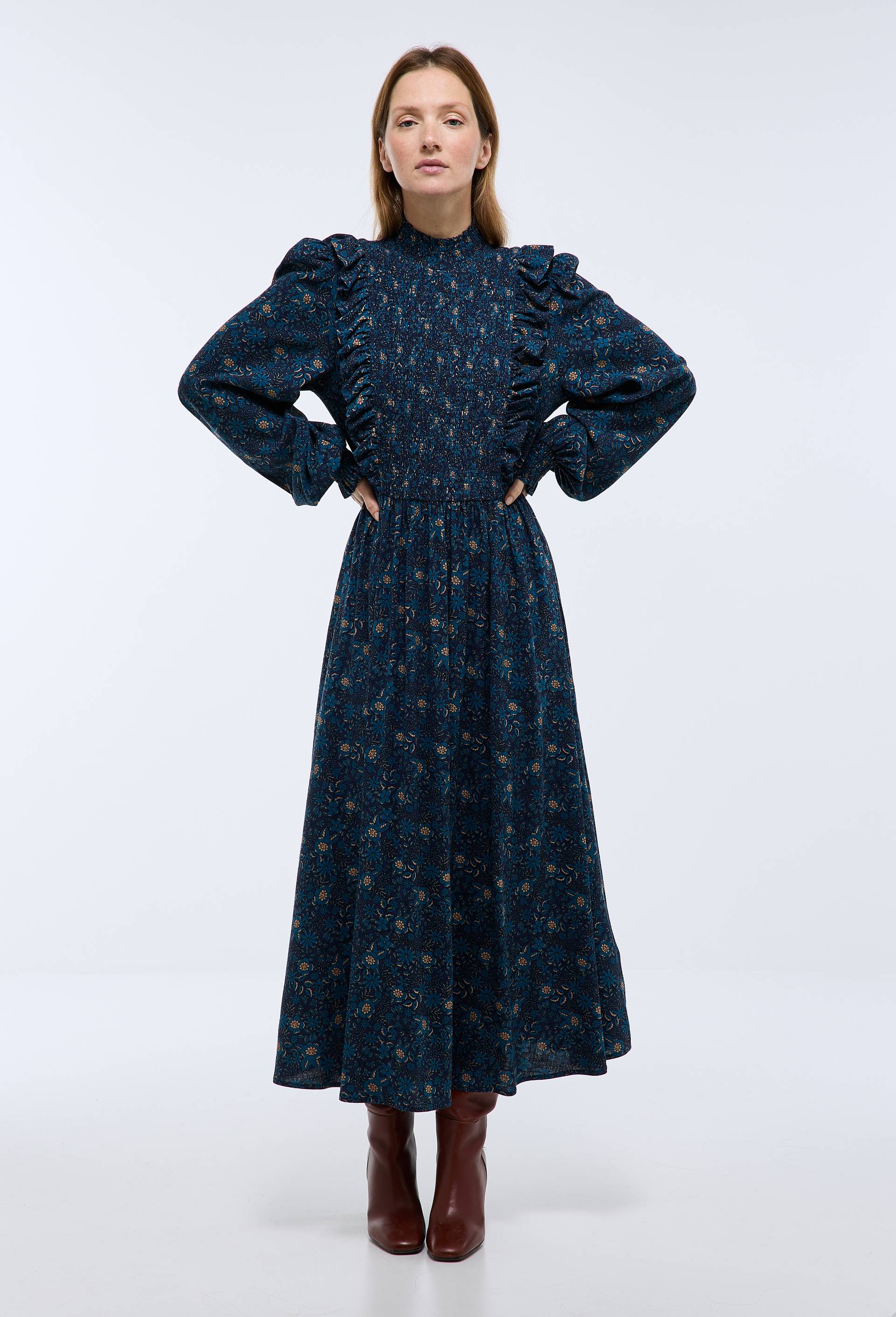 Robe midi smock&eacute;e imprim&eacute;e, Bleu fonc&eacute;, large image number 0.0