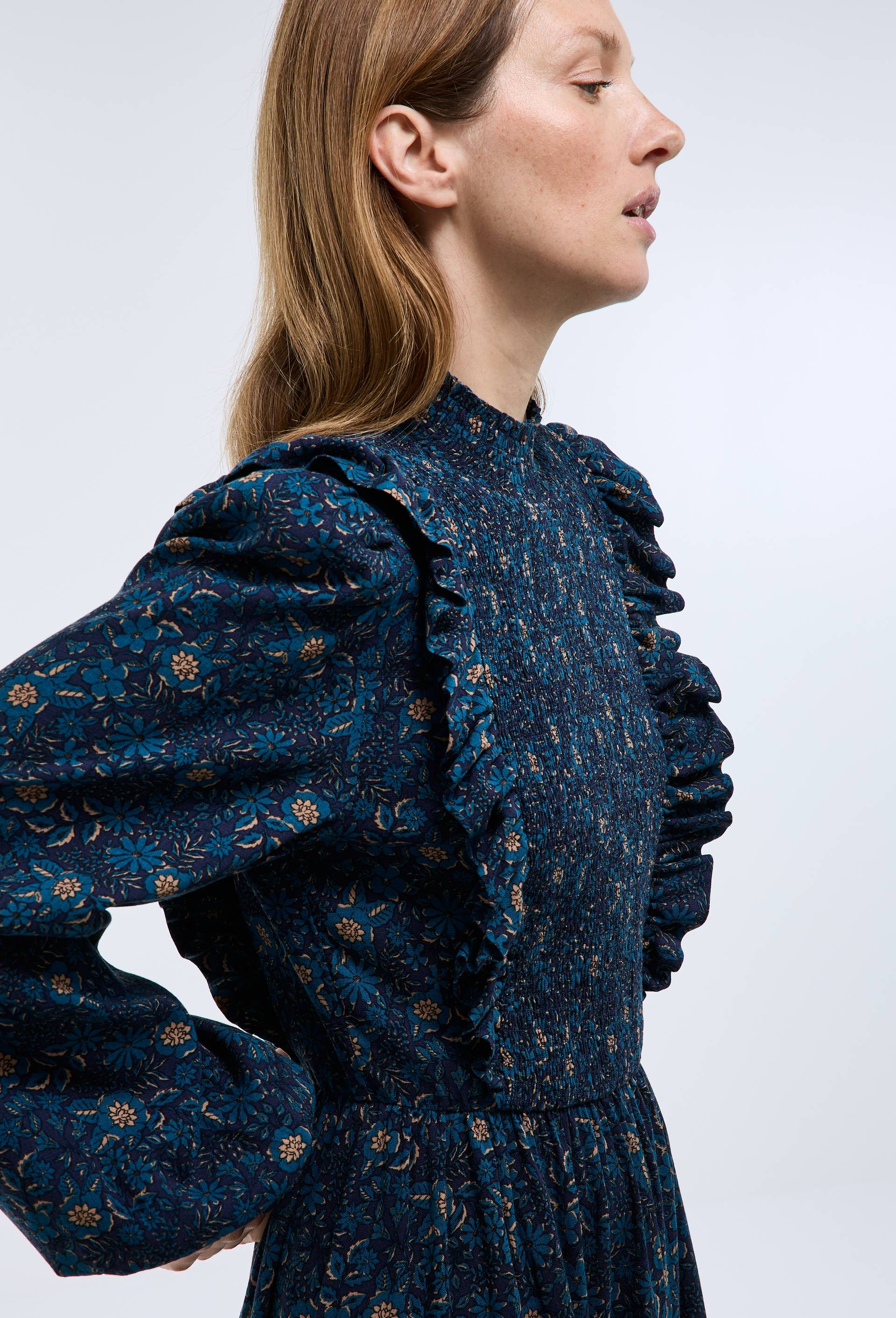 Robe midi smock&eacute;e imprim&eacute;e, Bleu fonc&eacute;, large image number 1