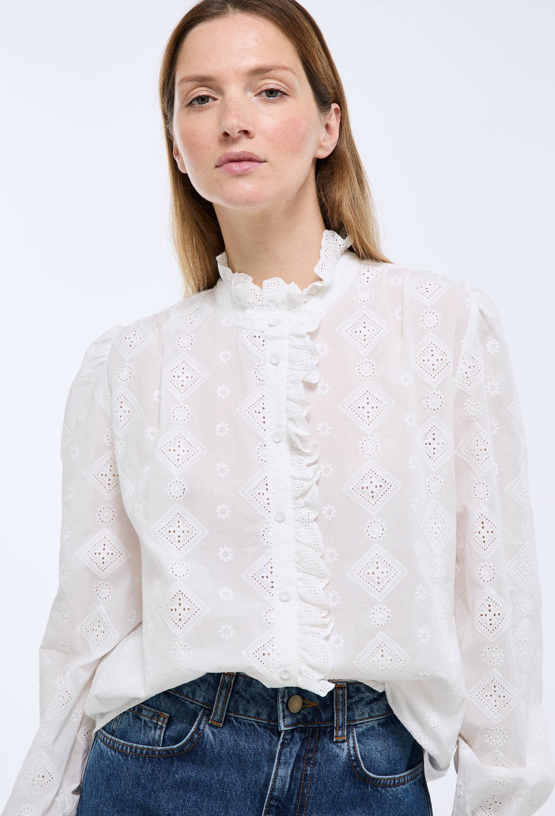 Blouse manches longues brod&eacute;e en coton BIO GOTS, Ecru, large image number 0.0