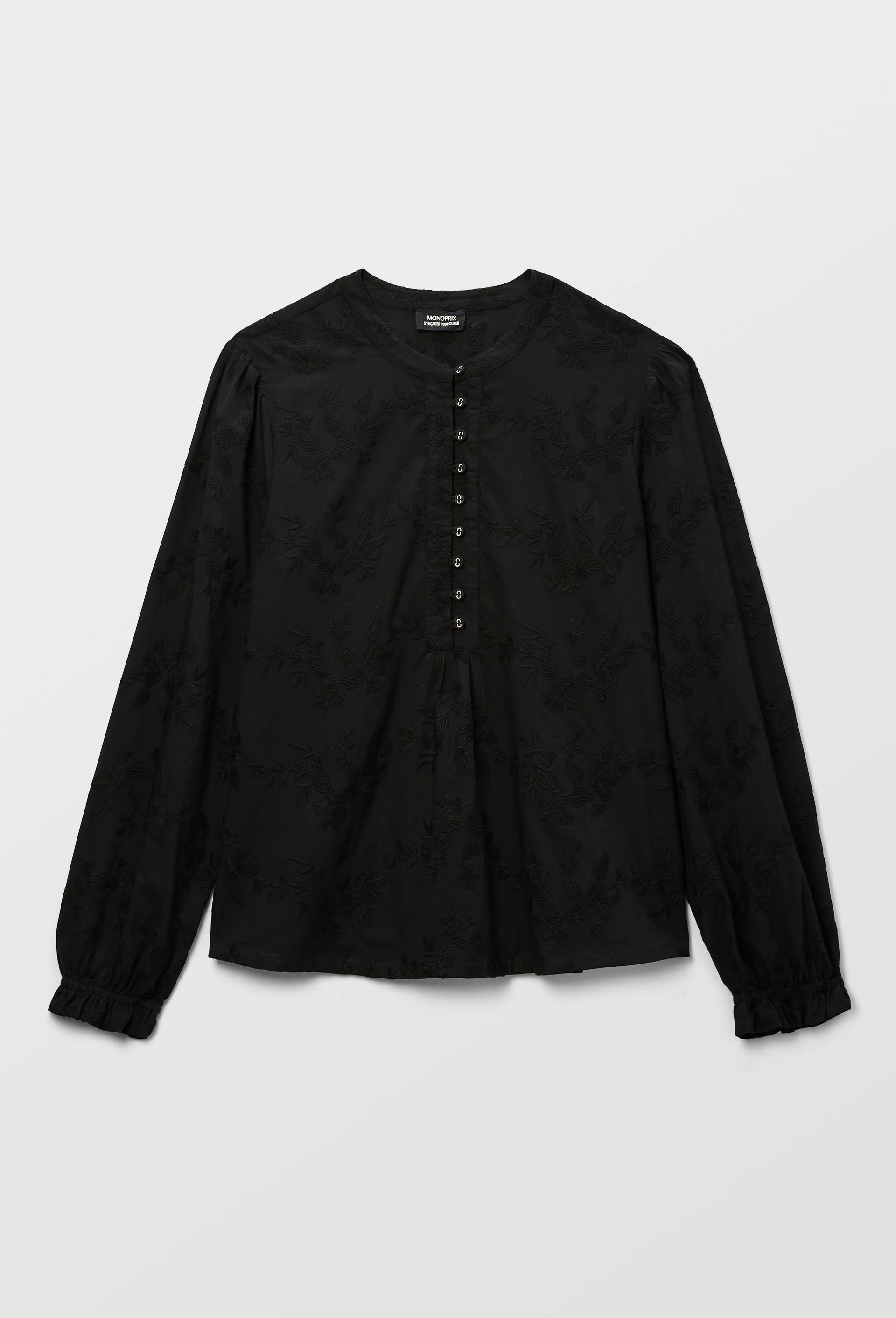 Blouse manches longues brod&eacute;e en coton BIO GOTS, Noir, large image number 2