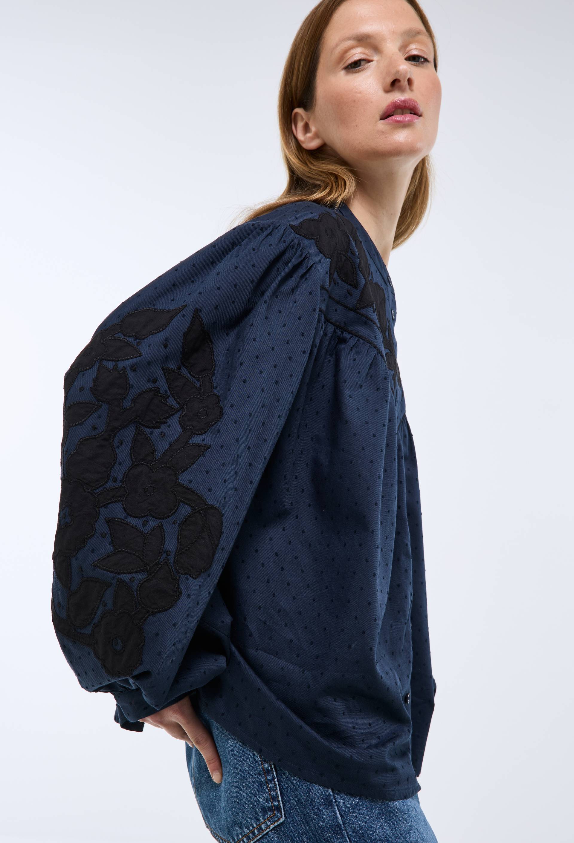 Blouse manches longues d&eacute;tails broderie en coton BIO GOTS, Bleu fonc&eacute;, large image number 0