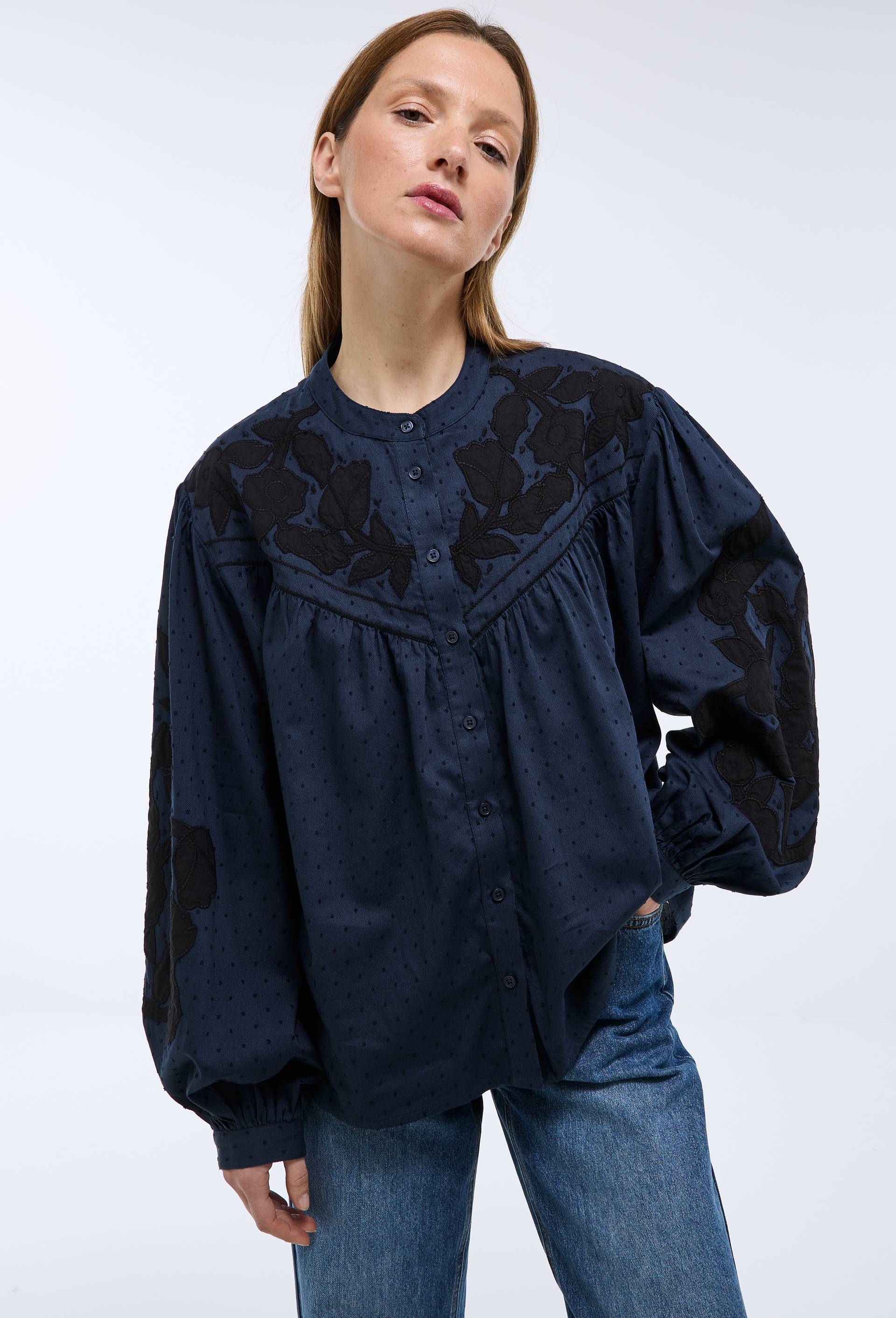 Blouse manches longues d&eacute;tails broderie en coton BIO GOTS, Bleu fonc&eacute;, large image number 1