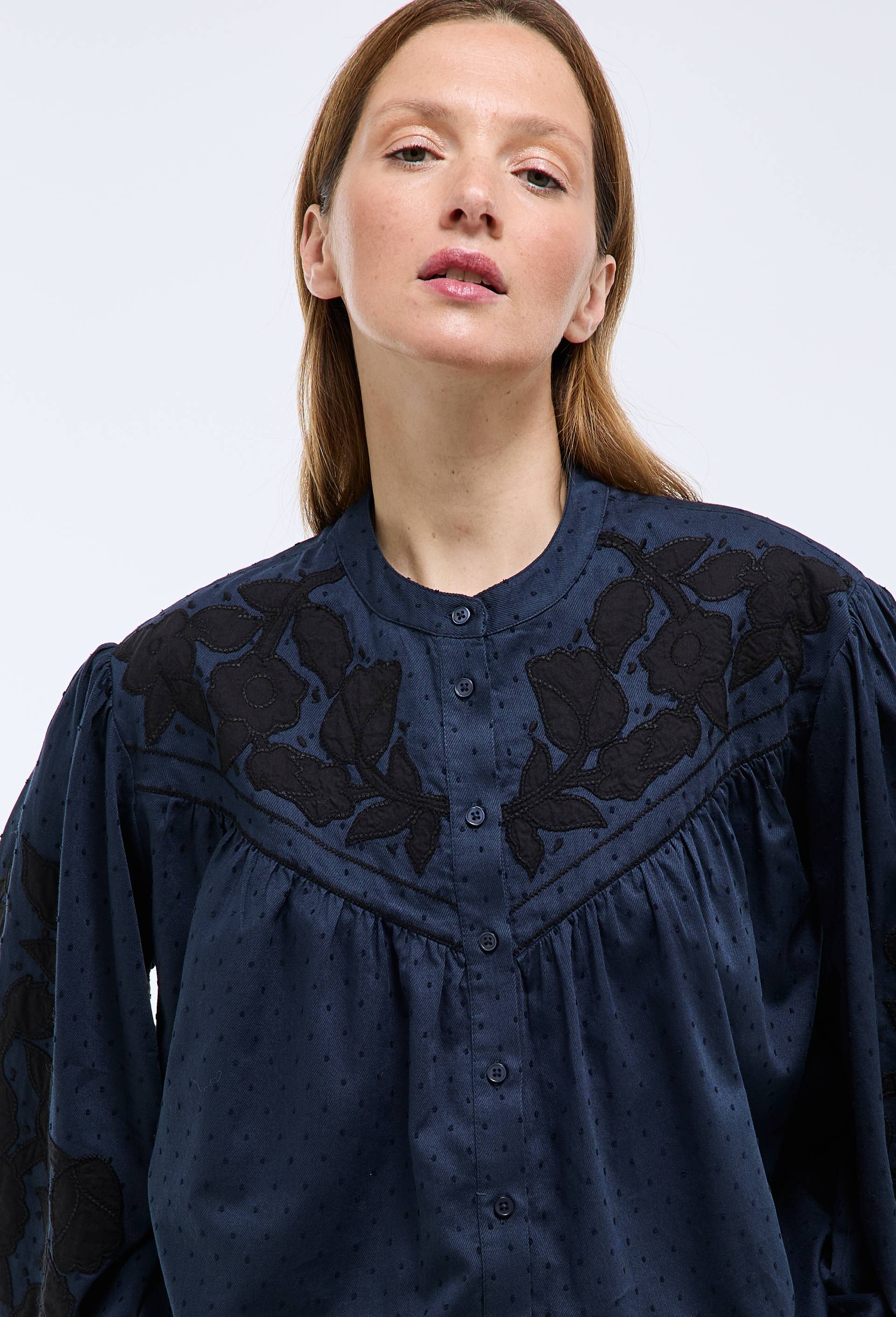 Blouse manches longues d&eacute;tails broderie en coton BIO GOTS, Bleu fonc&eacute;, large image number 2