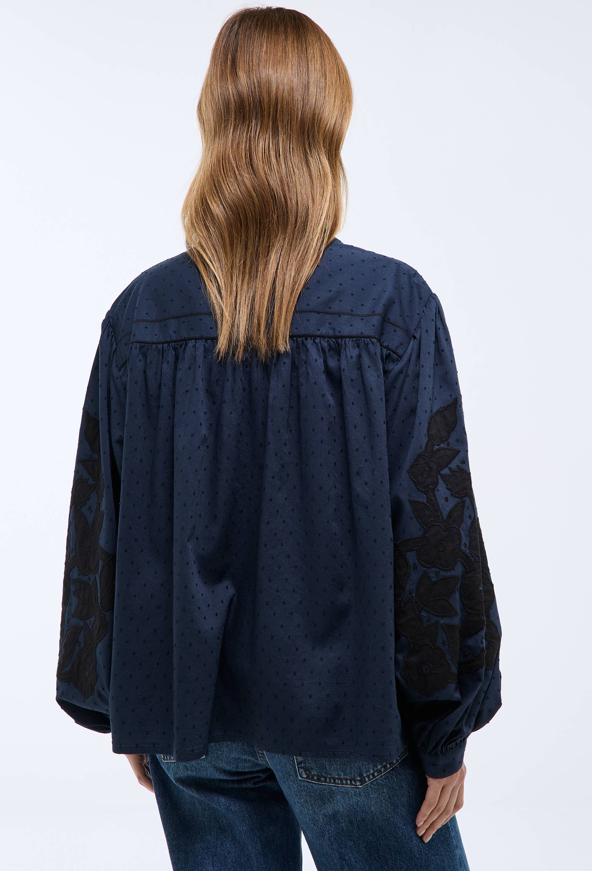 Blouse manches longues d&eacute;tails broderie en coton BIO GOTS, Bleu fonc&eacute;, large image number 3.0