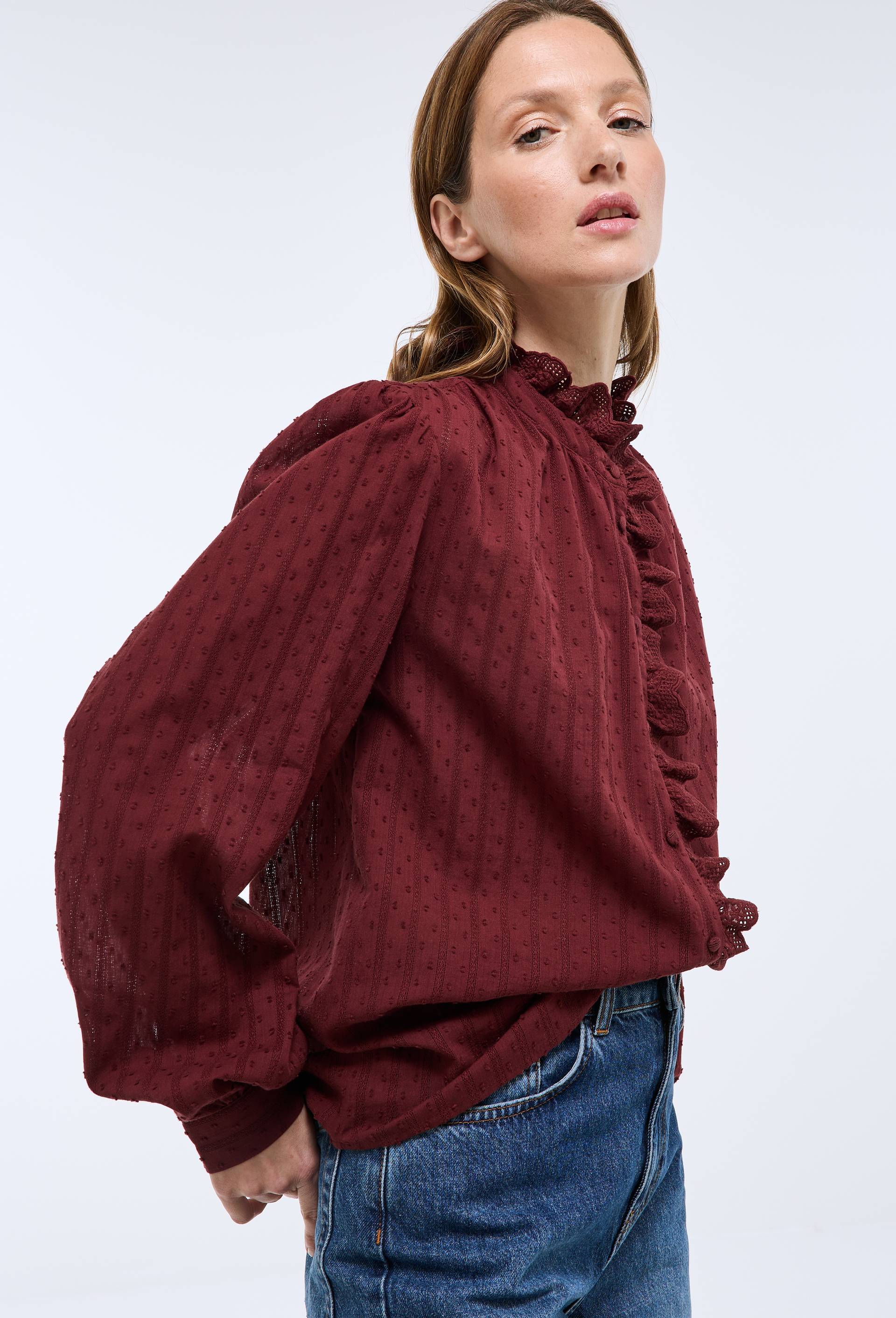 Blouse manches longues unie en coton BIO GOTS, Rouge fonc&eacute;, swatch image