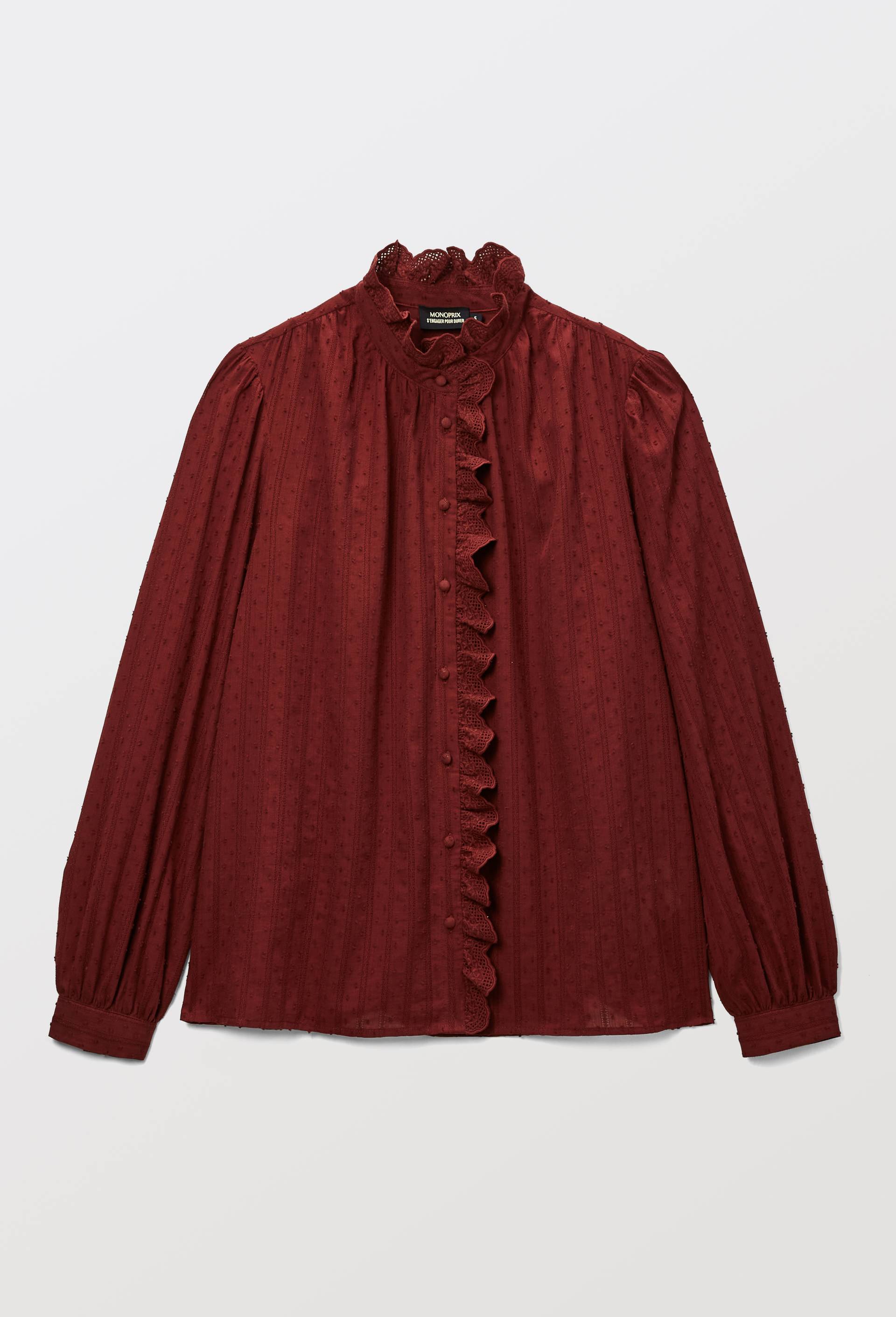 Blouse manches longues unie en coton BIO GOTS, Rouge fonc&eacute;, large image number 2