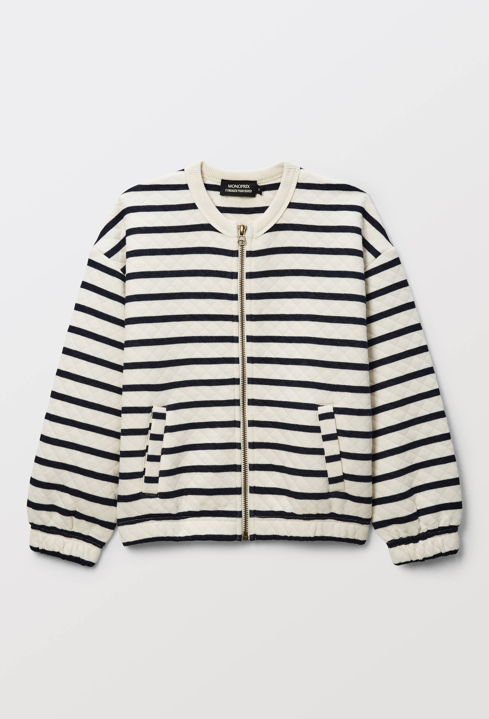 Cardigan zipp&eacute; et matelass&eacute; contenant du coton BIO GOTS, Beige clair, large image number 1