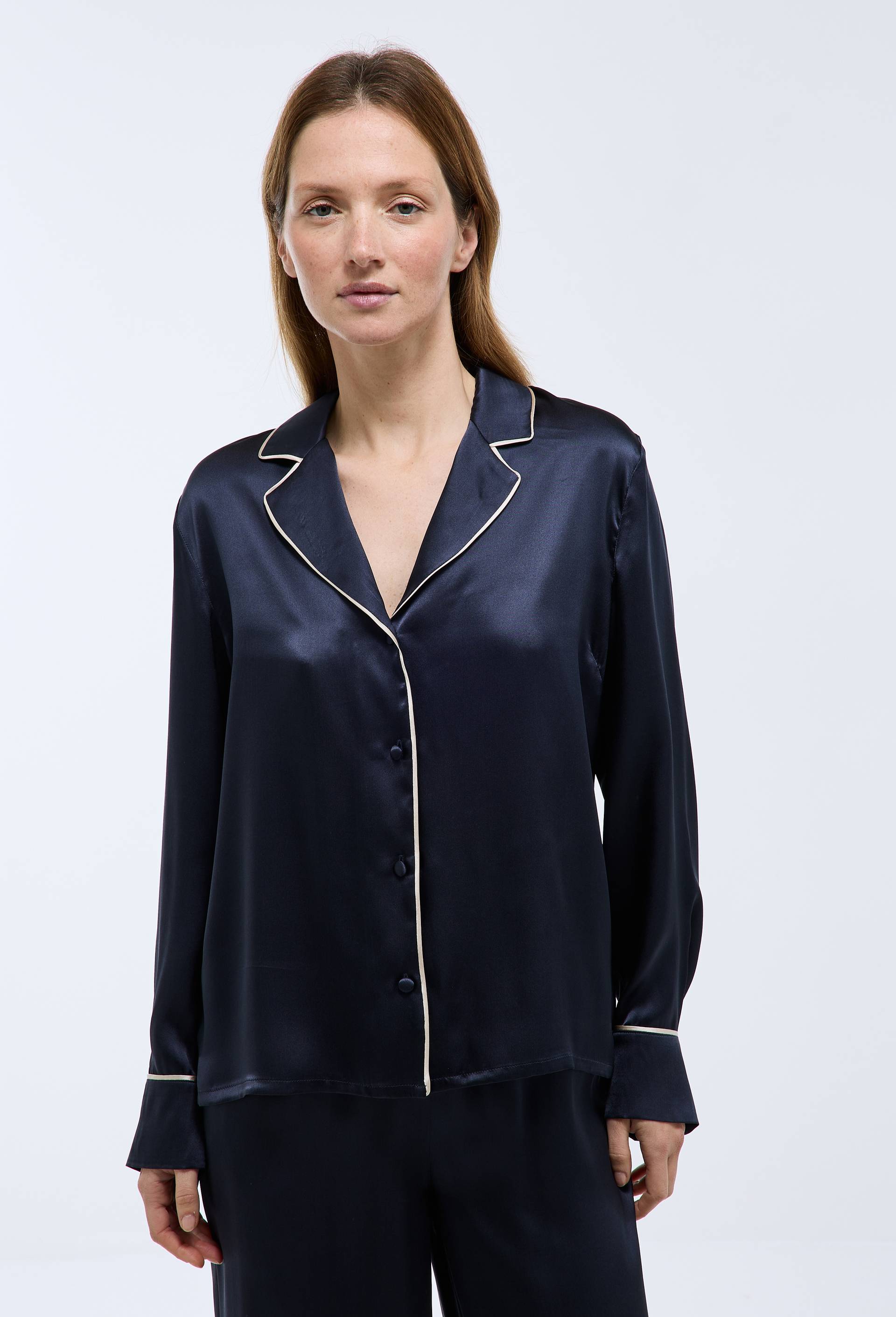 Chemise unie en soie, Bleu fonc&eacute;, large image number 0.0